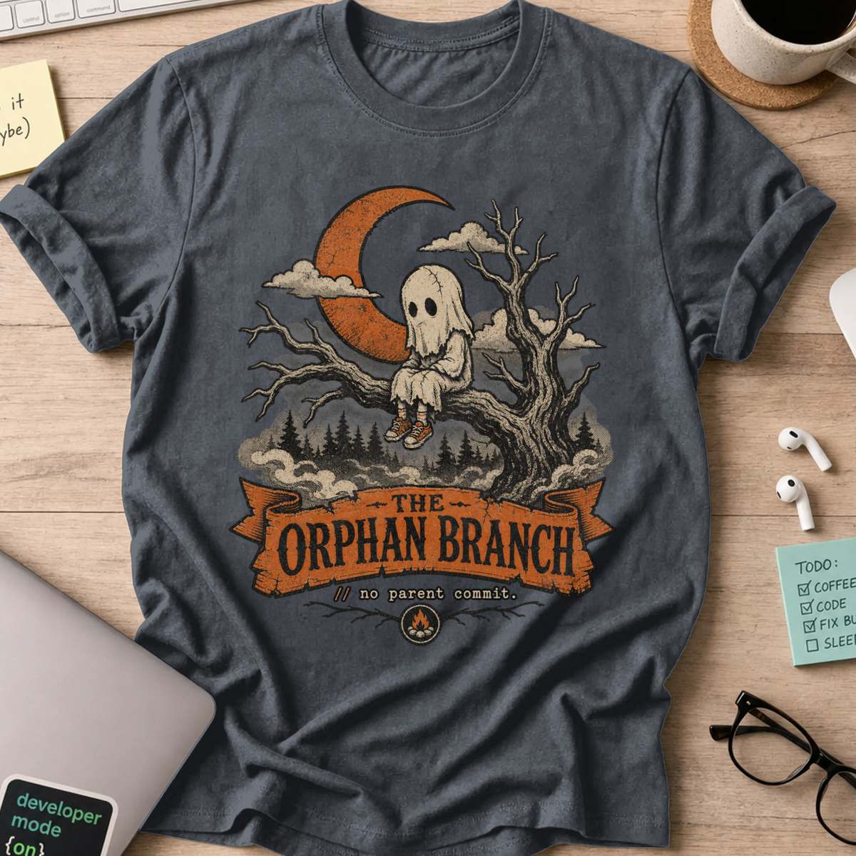 The Orphan Branch Shirt — Dark Heather storefront mockup