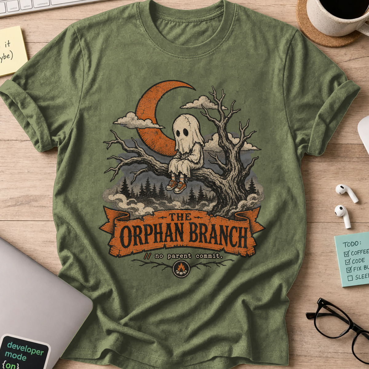 The Orphan Branch Shirt — Military Green storefront mockup
