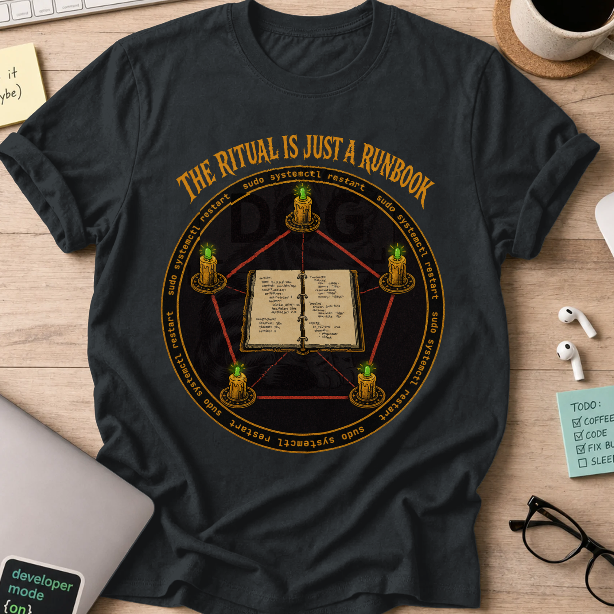 The Ritual Is Just a Runbook Shirt — Black storefront mockup