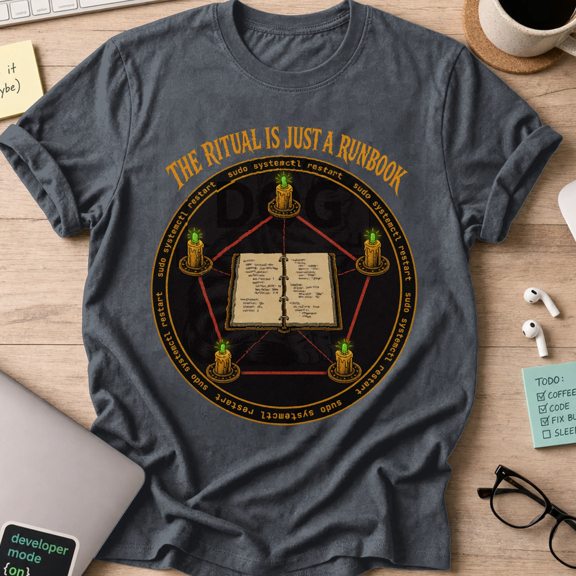 The Ritual Is Just a Runbook Shirt — Dark Heather storefront mockup