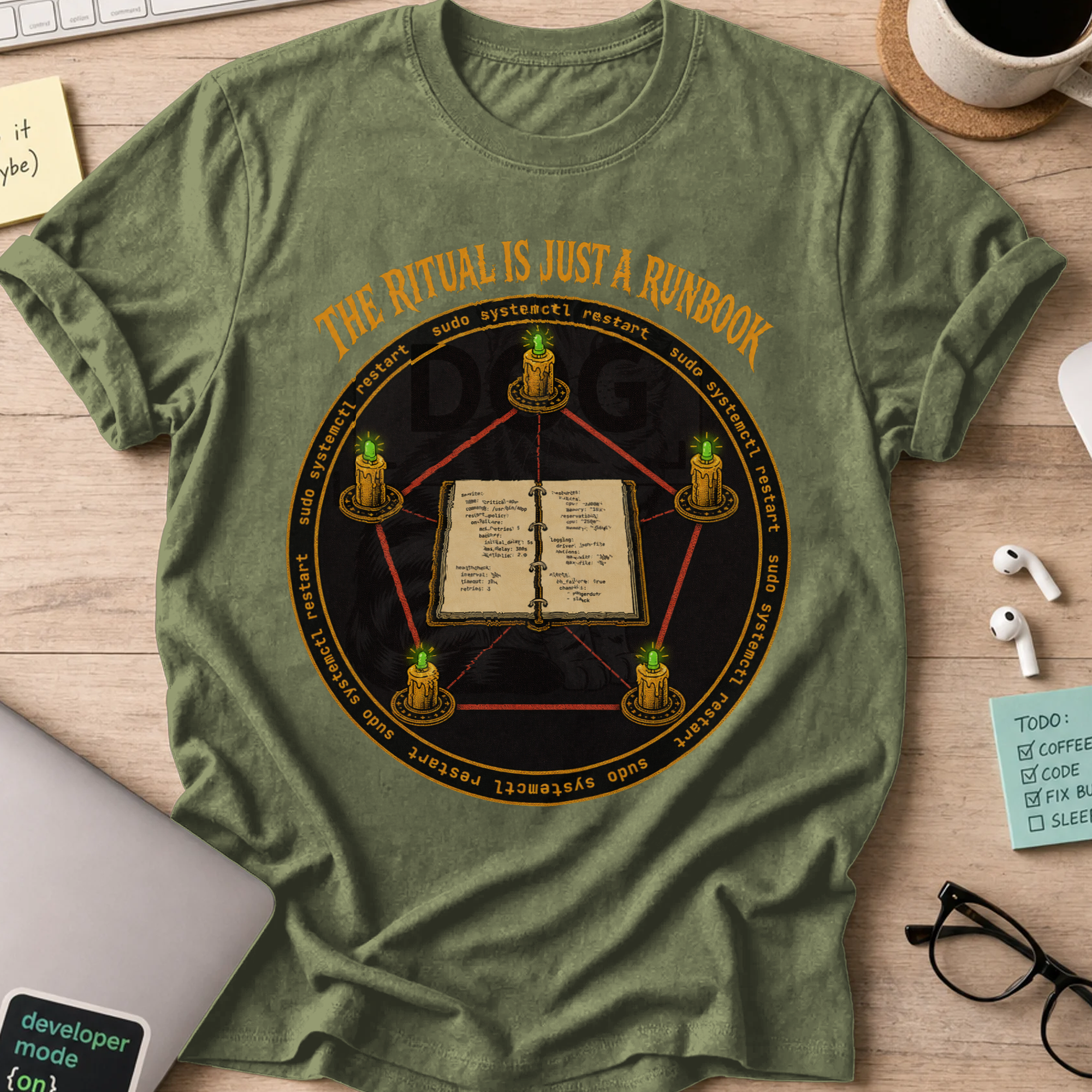 The Ritual Is Just a Runbook Shirt — Military Green storefront mockup