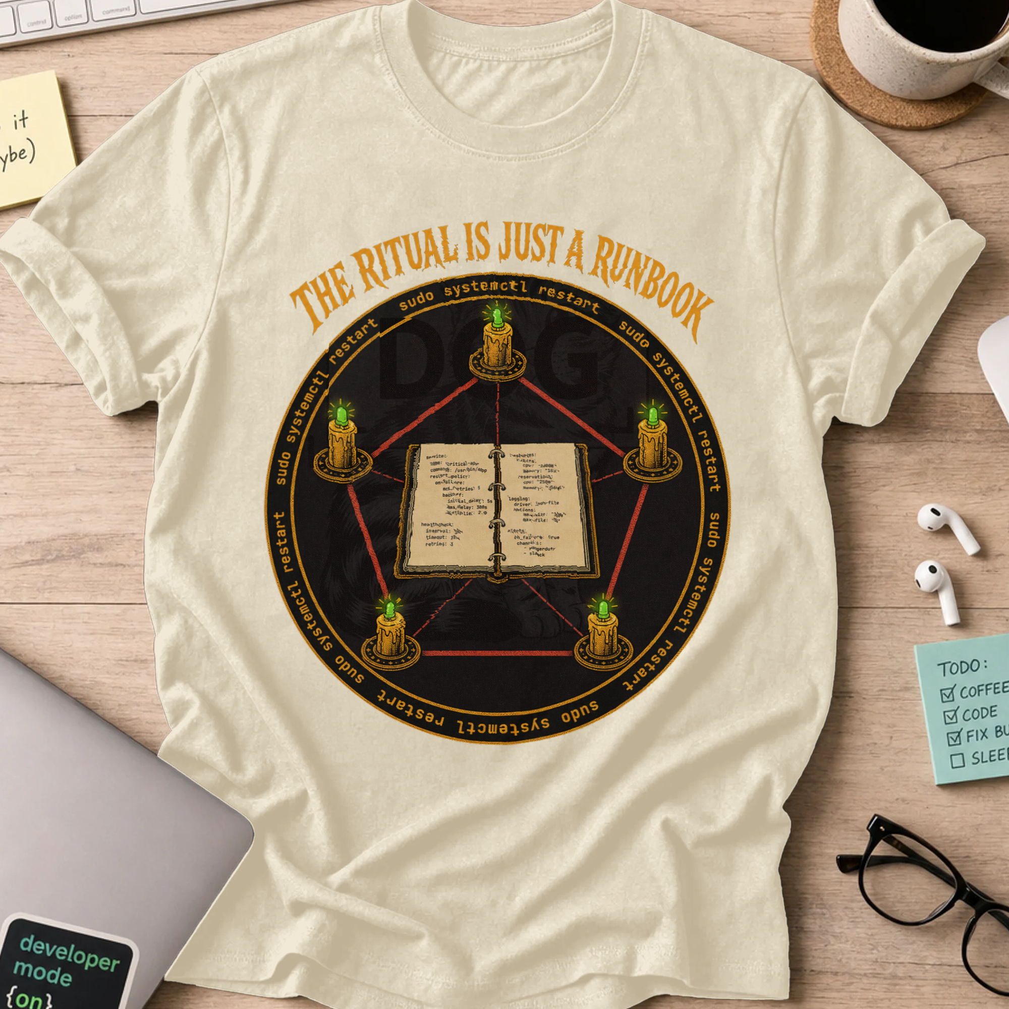 The Ritual Is Just a Runbook Shirt — Natural storefront mockup