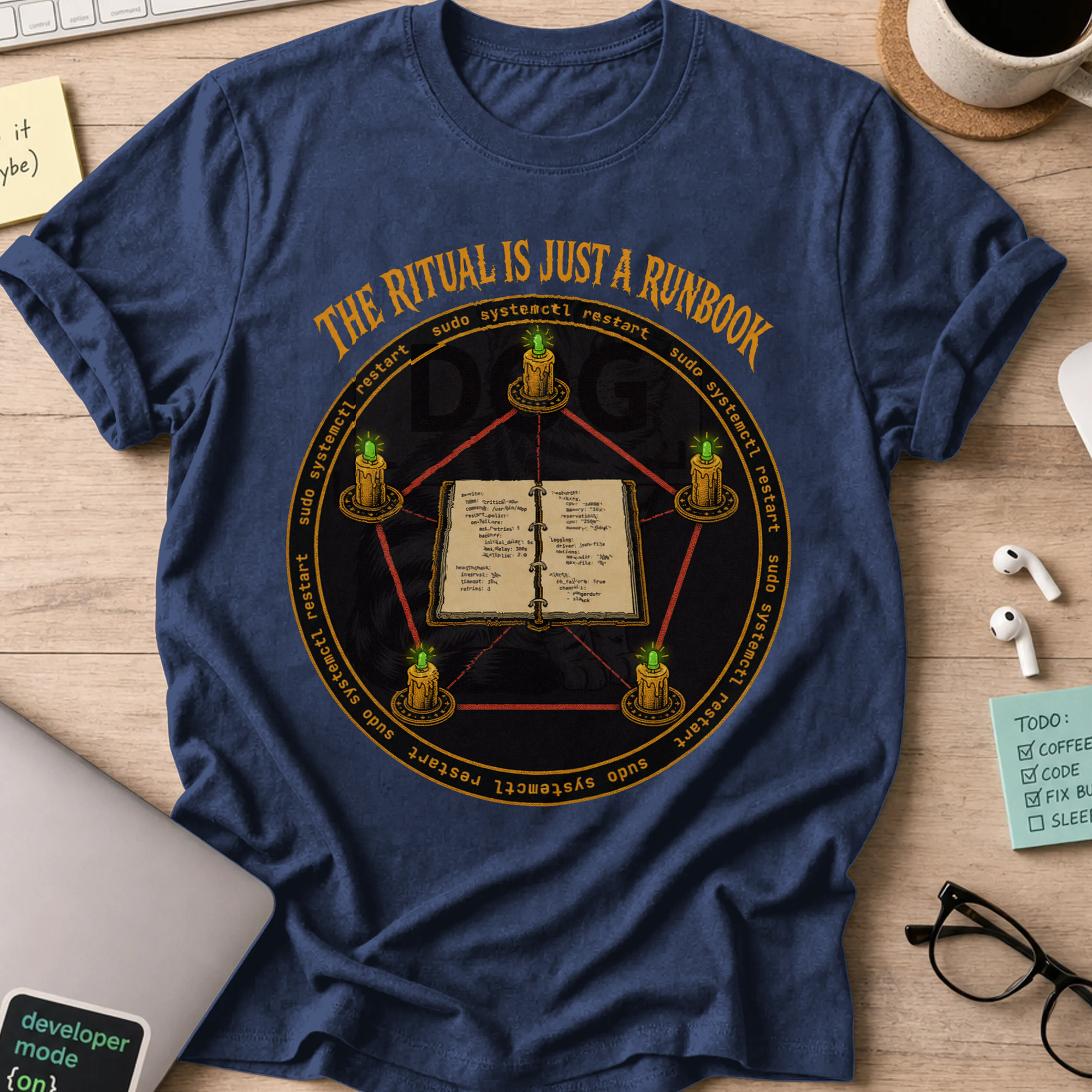The Ritual Is Just a Runbook Shirt — Navy storefront mockup