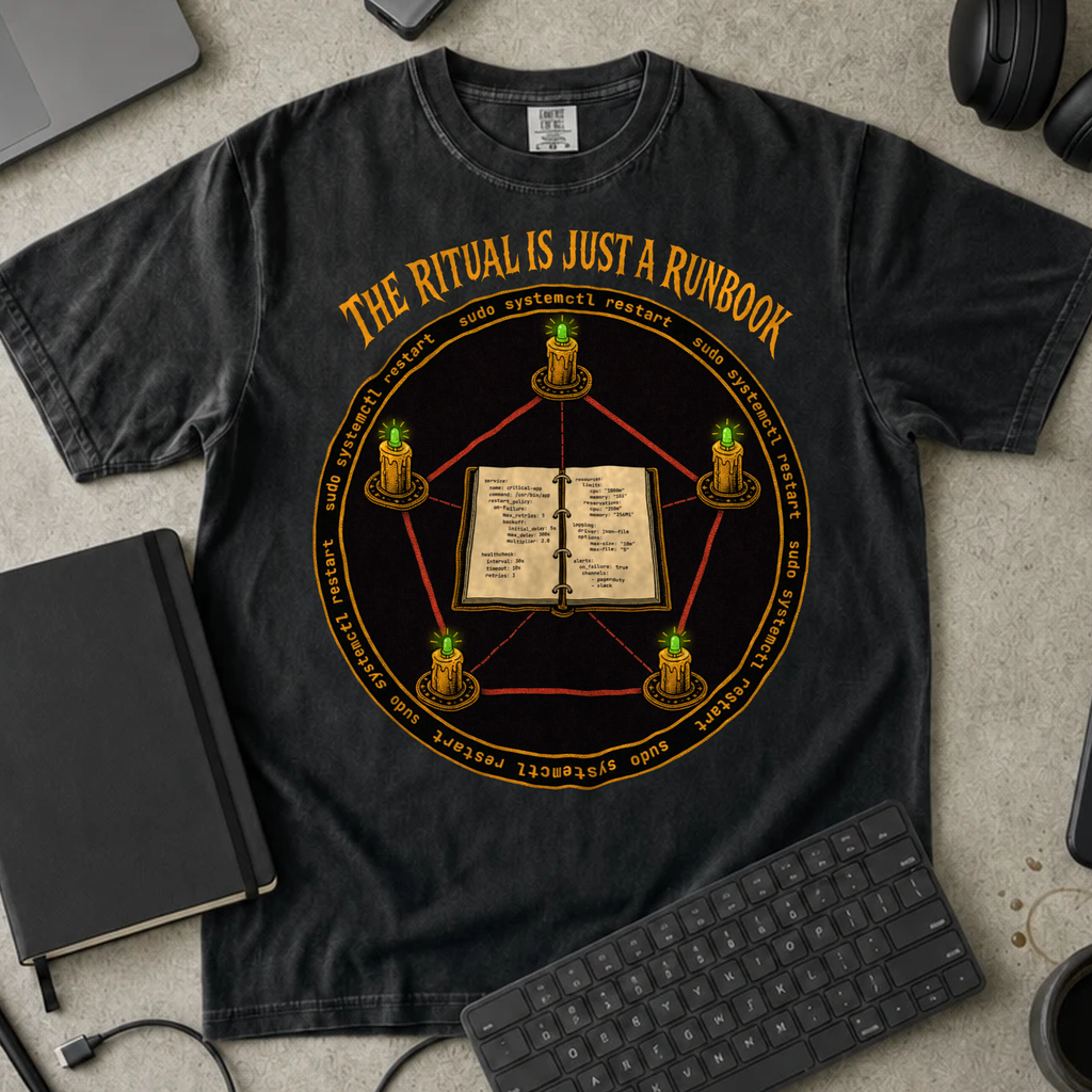The Ritual Is Just a Runbook Shirt — Black Comfort Colors 1717 flat lay