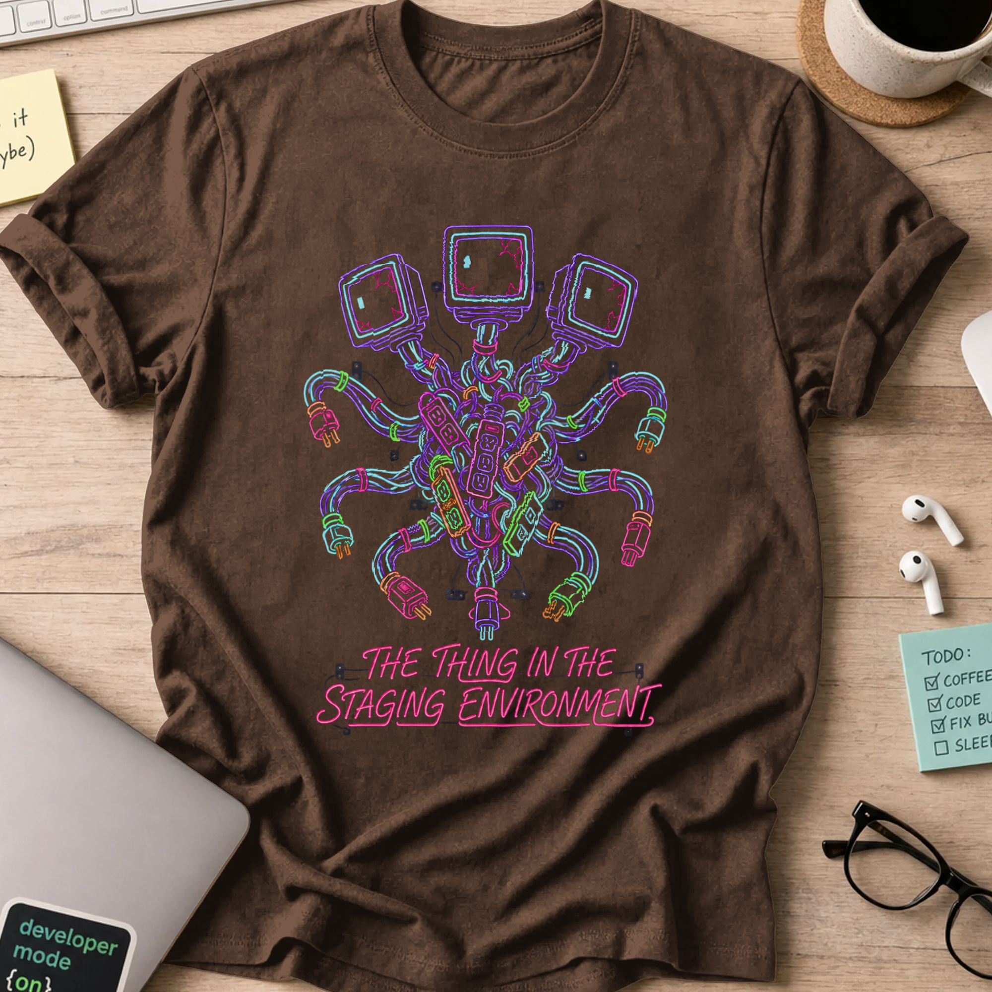The Thing in the Staging Environment Shirt — Dark Chocolate storefront mockup