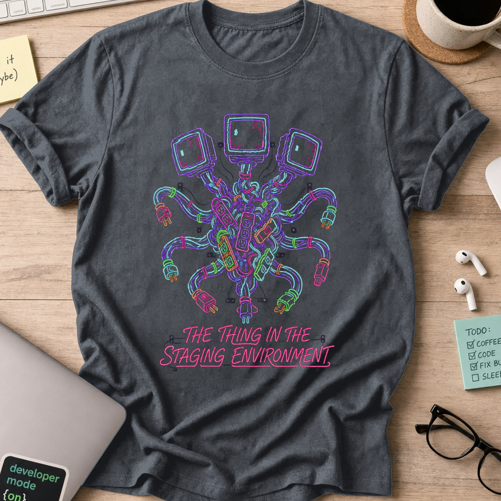 The Thing in the Staging Environment Shirt — Dark Heather storefront mockup