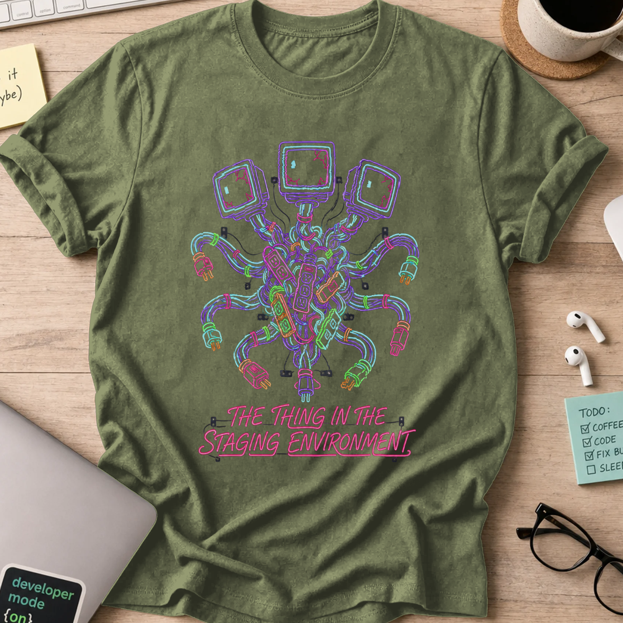 The Thing in the Staging Environment Shirt — Military Green storefront mockup