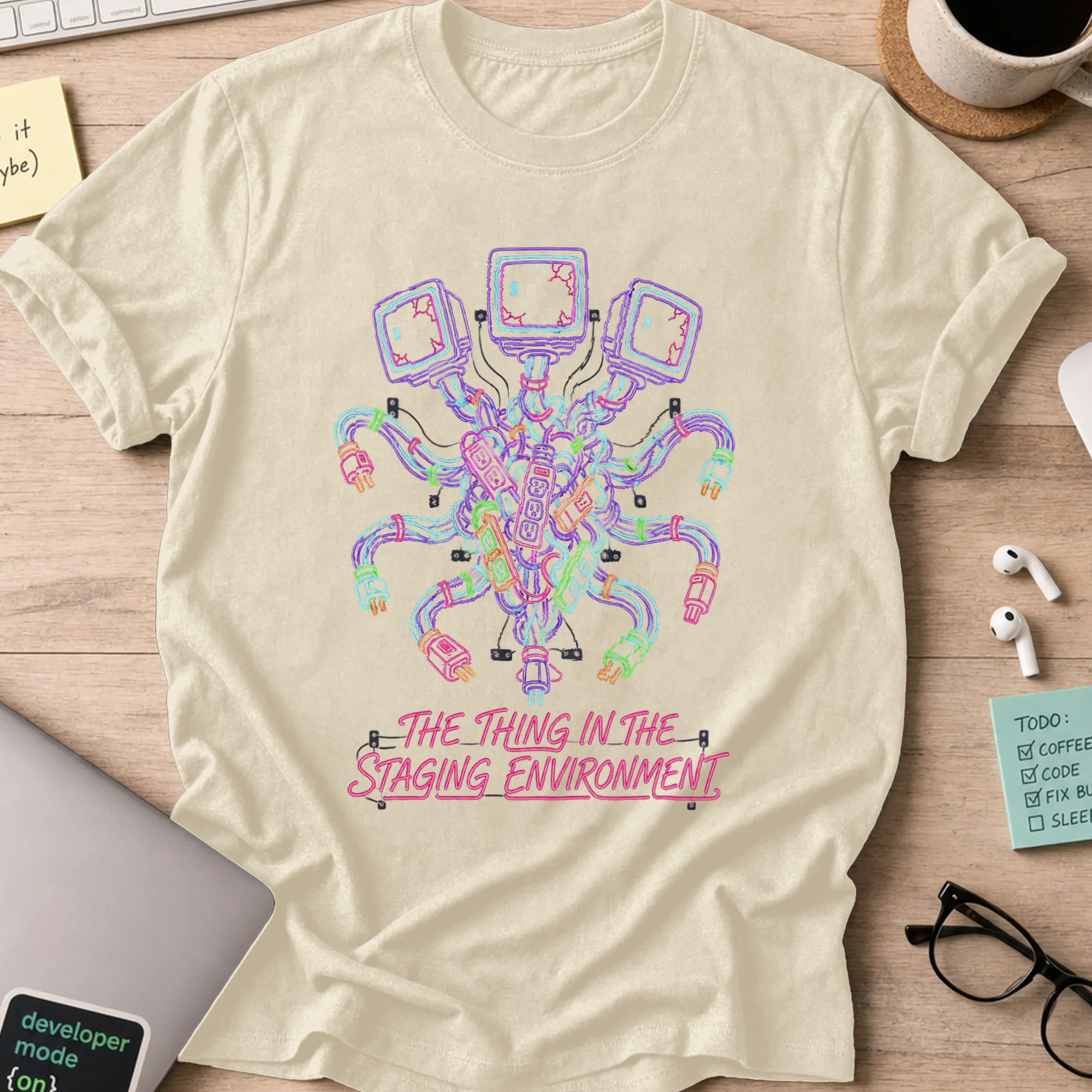 The Thing in the Staging Environment Shirt — Natural storefront mockup