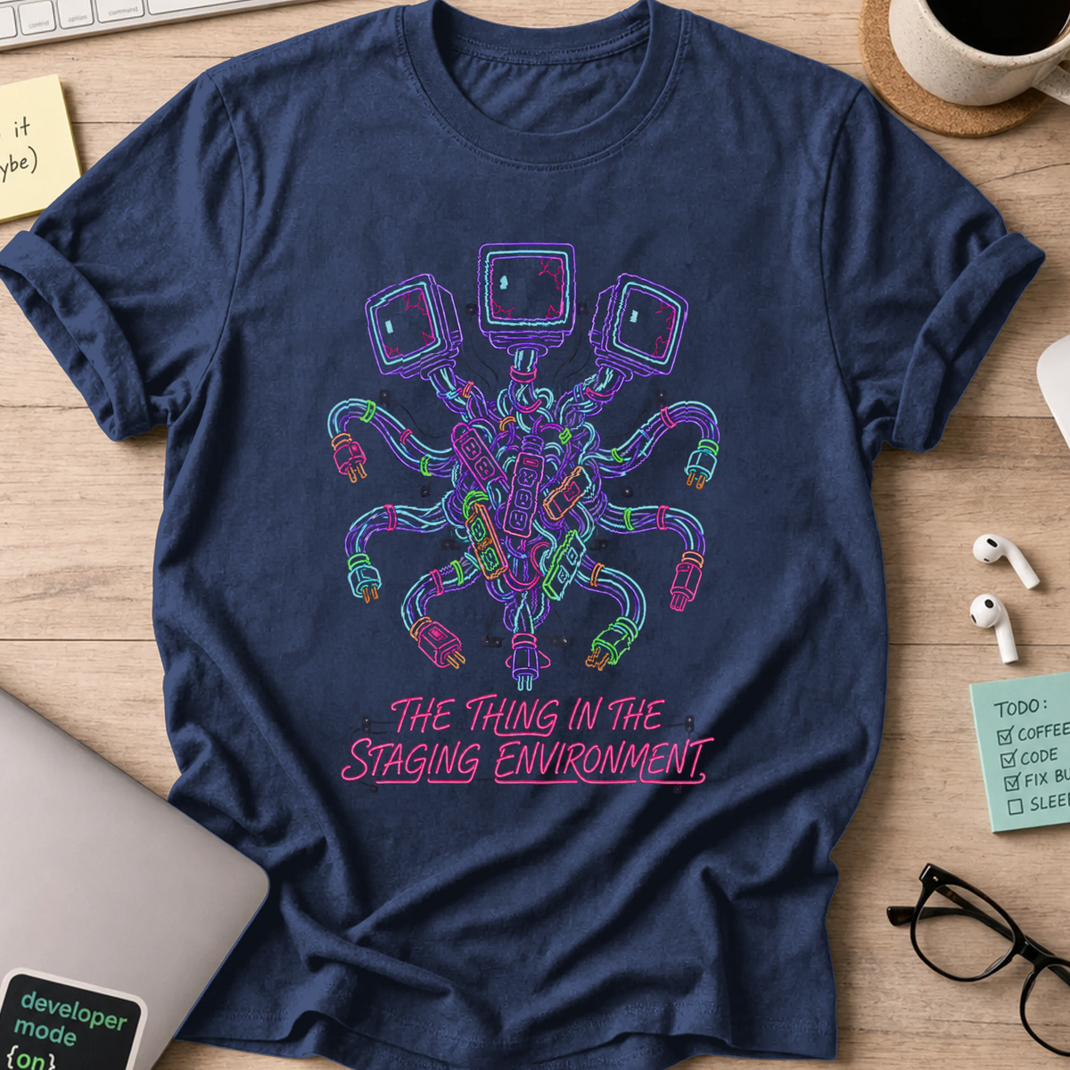 The Thing in the Staging Environment Shirt — Navy storefront mockup
