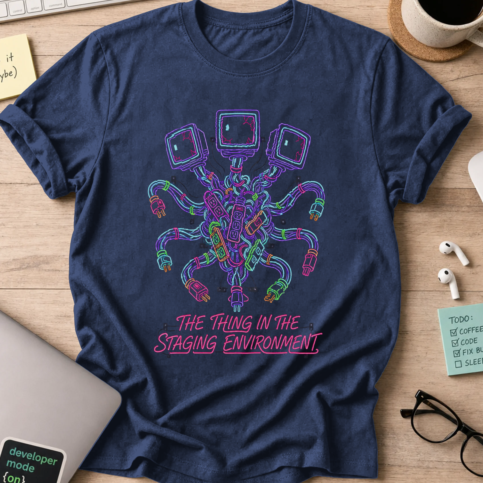 The Thing in the Staging Environment Shirt — Navy storefront mockup