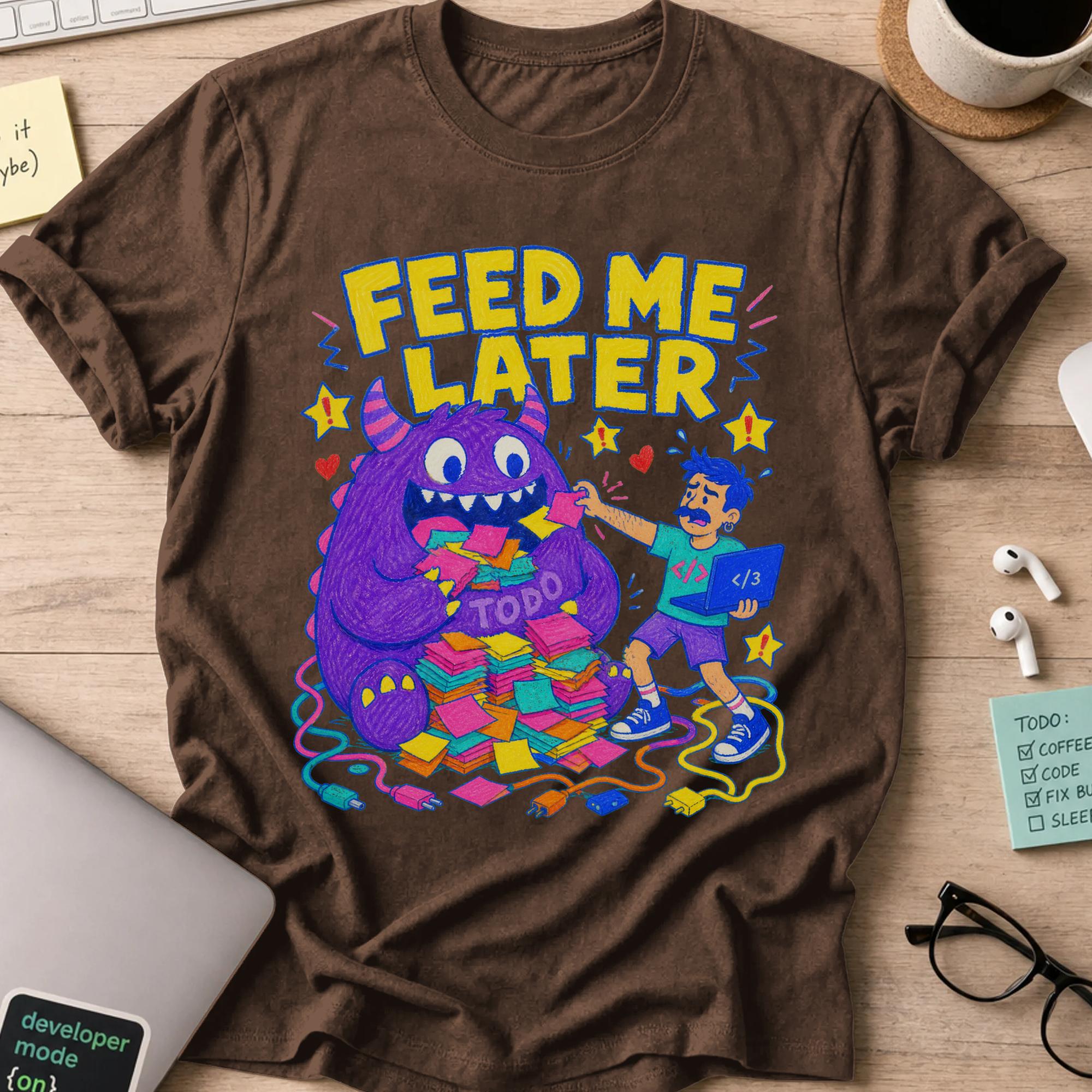 The TODO Monster Shirt — Dark Chocolate storefront mockup