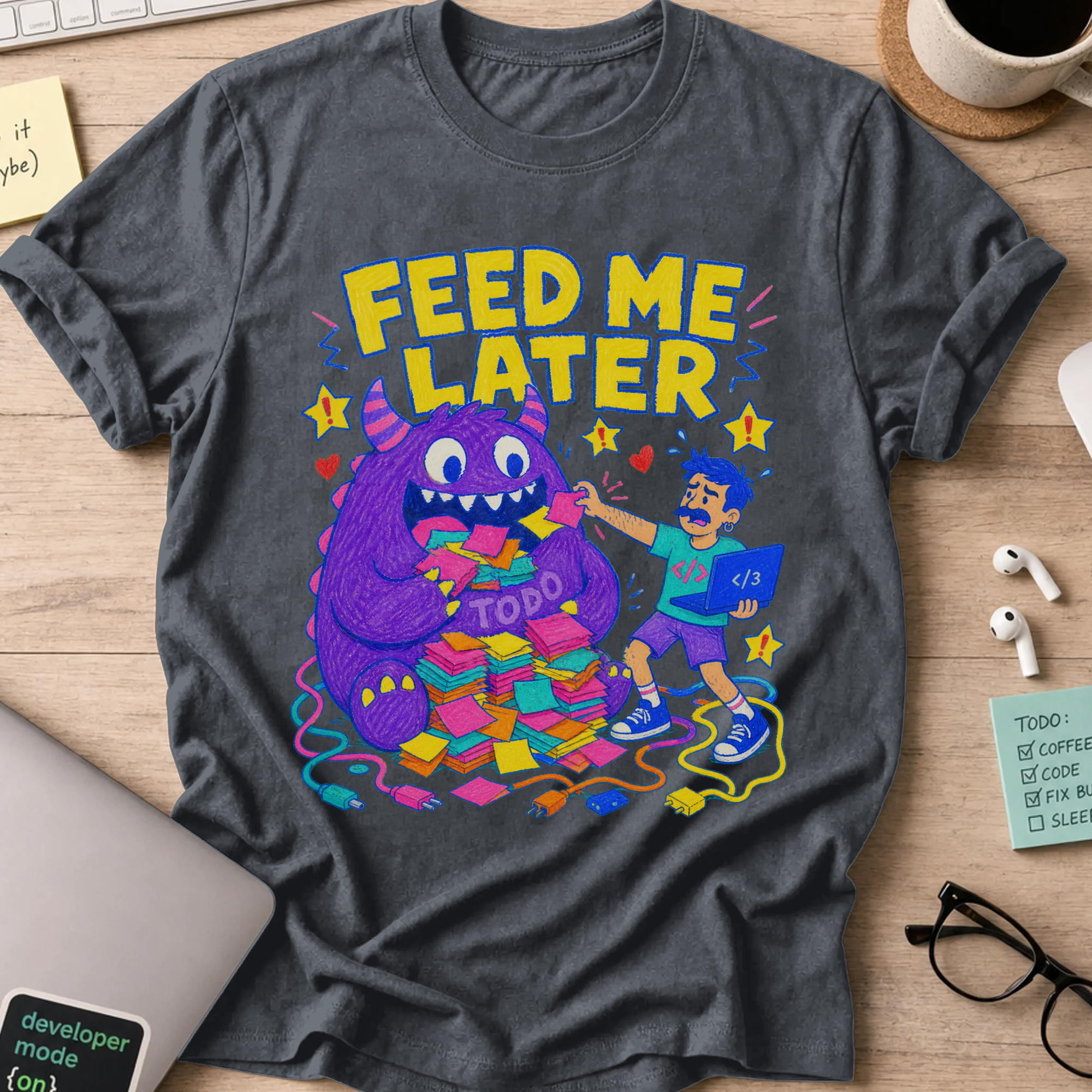 The TODO Monster Shirt — Dark Heather storefront mockup
