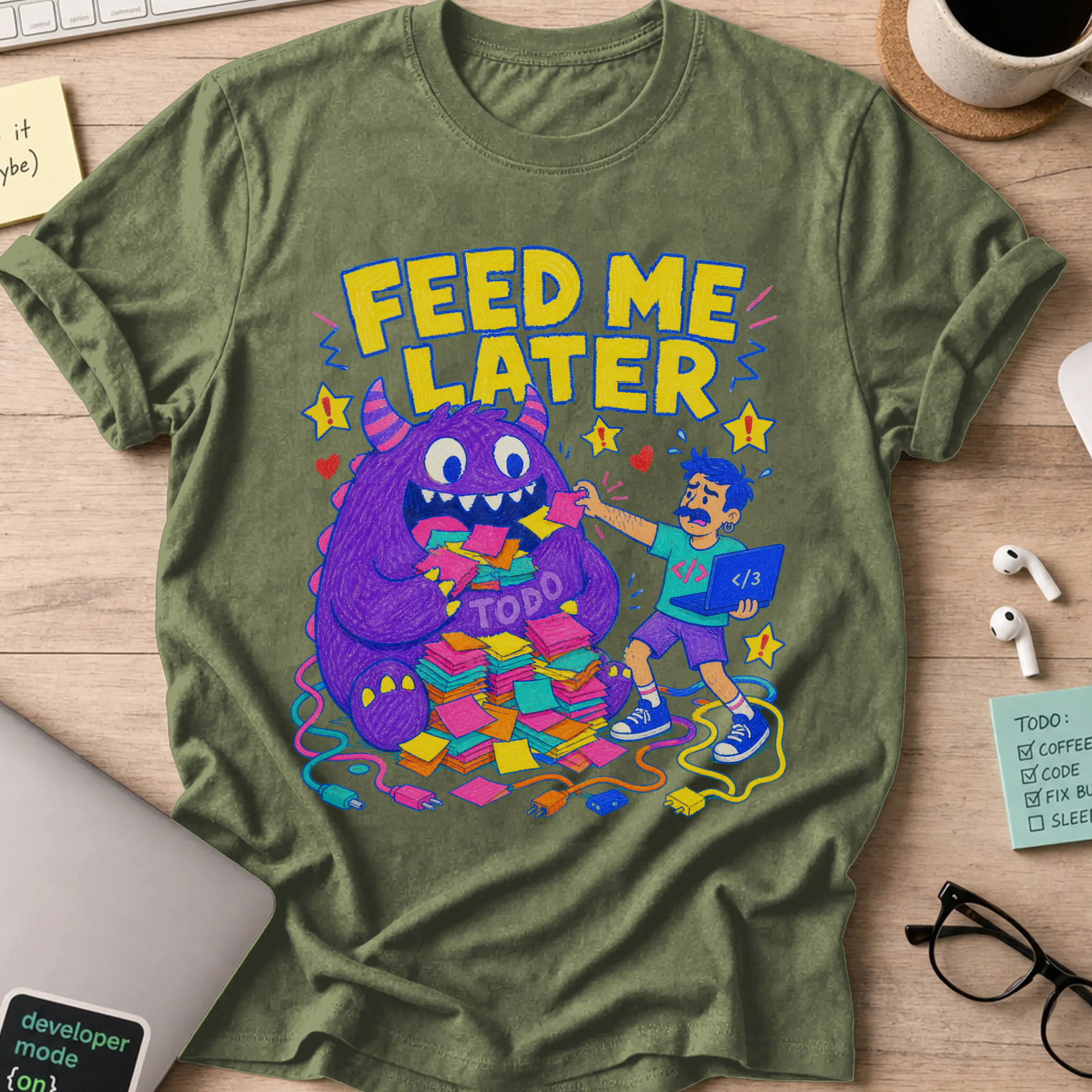 The TODO Monster Shirt — Military Green storefront mockup