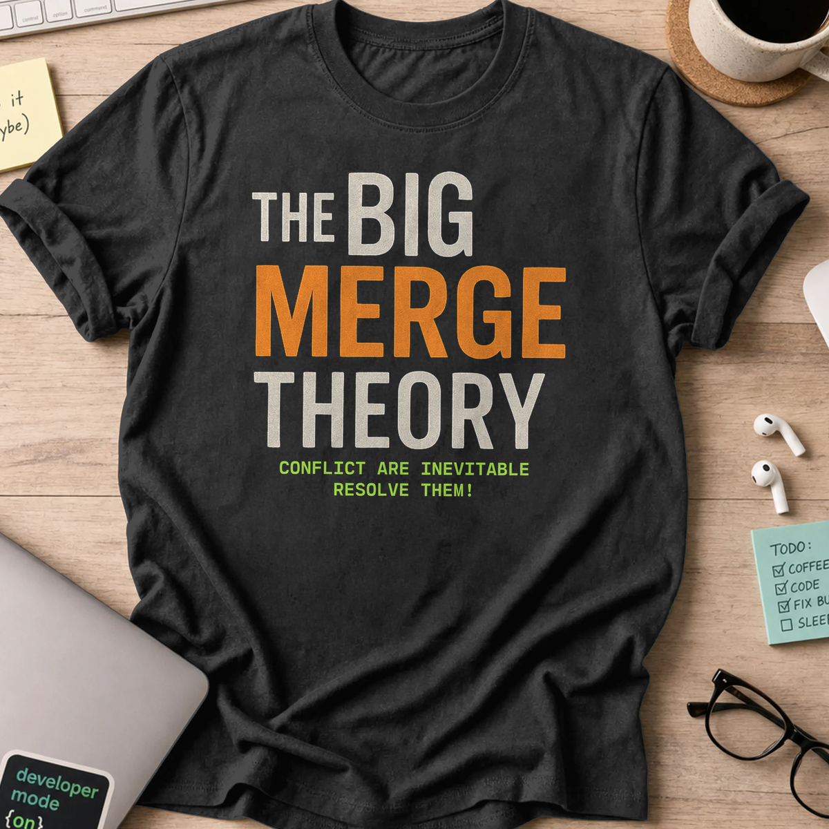 Black programmer shirt printed with "the big merge theory", a funny developer t-shirt and coding gift for software engineers and coders.