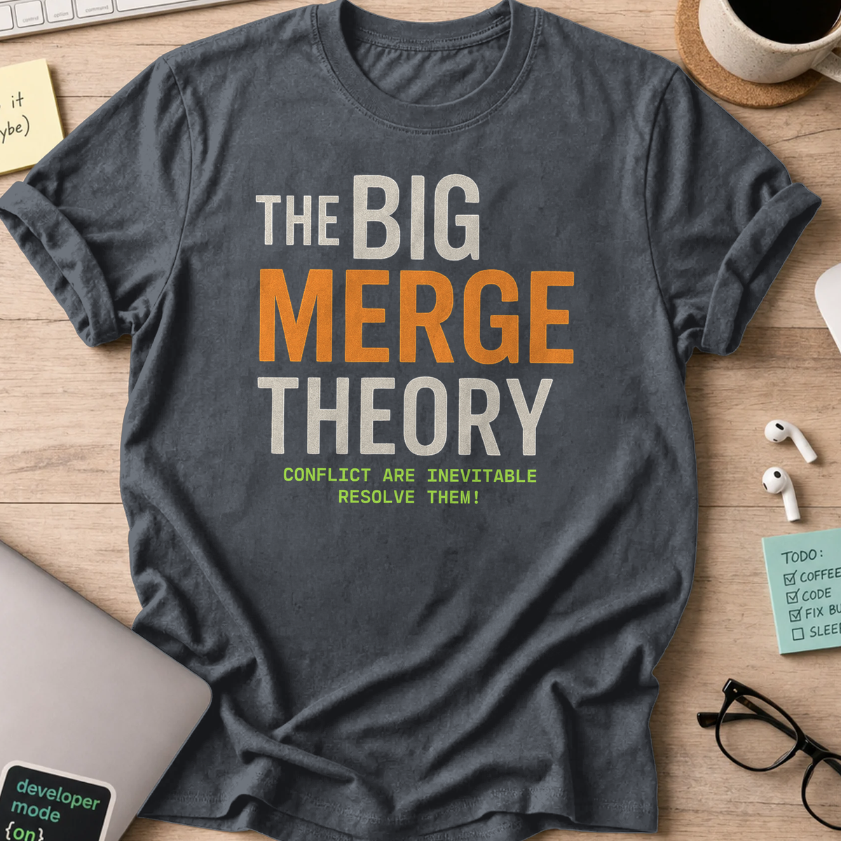 Dark Heather Grey programmer shirt printed with "the big merge theory", a funny developer t-shirt and coding gift for software engineers and coders.