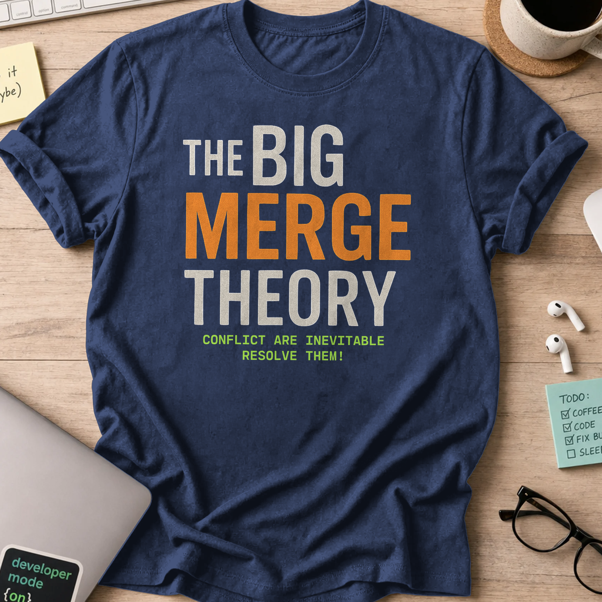 Navy programmer shirt printed with "the big merge theory", a funny developer t-shirt and coding gift for software engineers and coders.