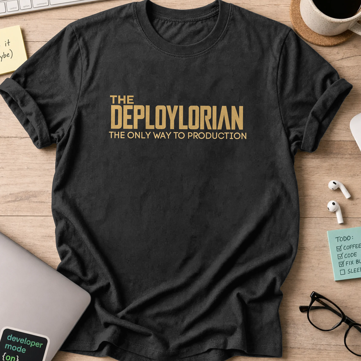 Black devops shirt printed with "the deploylorian", a funny programmer t-shirt and coding gift for software engineers and DevOps teams.