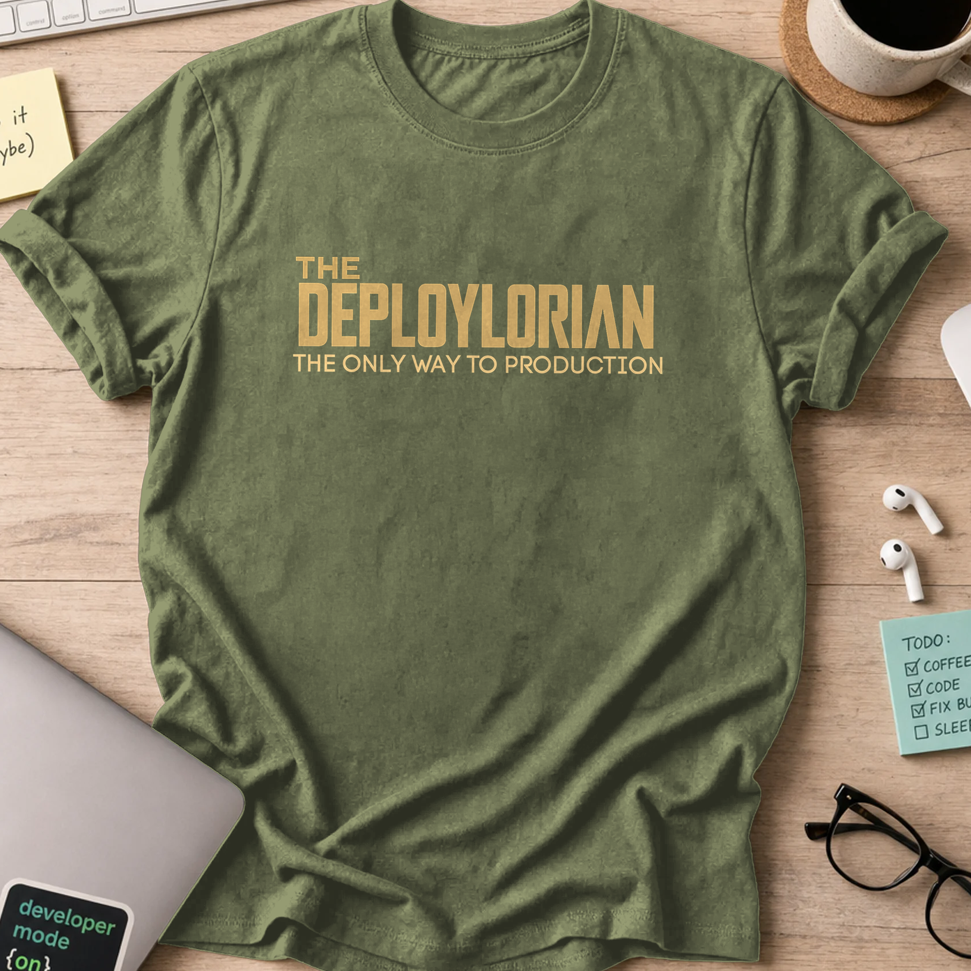 Military Green devops shirt printed with "the deploylorian", a funny programmer t-shirt and coding gift for software engineers and DevOps teams.