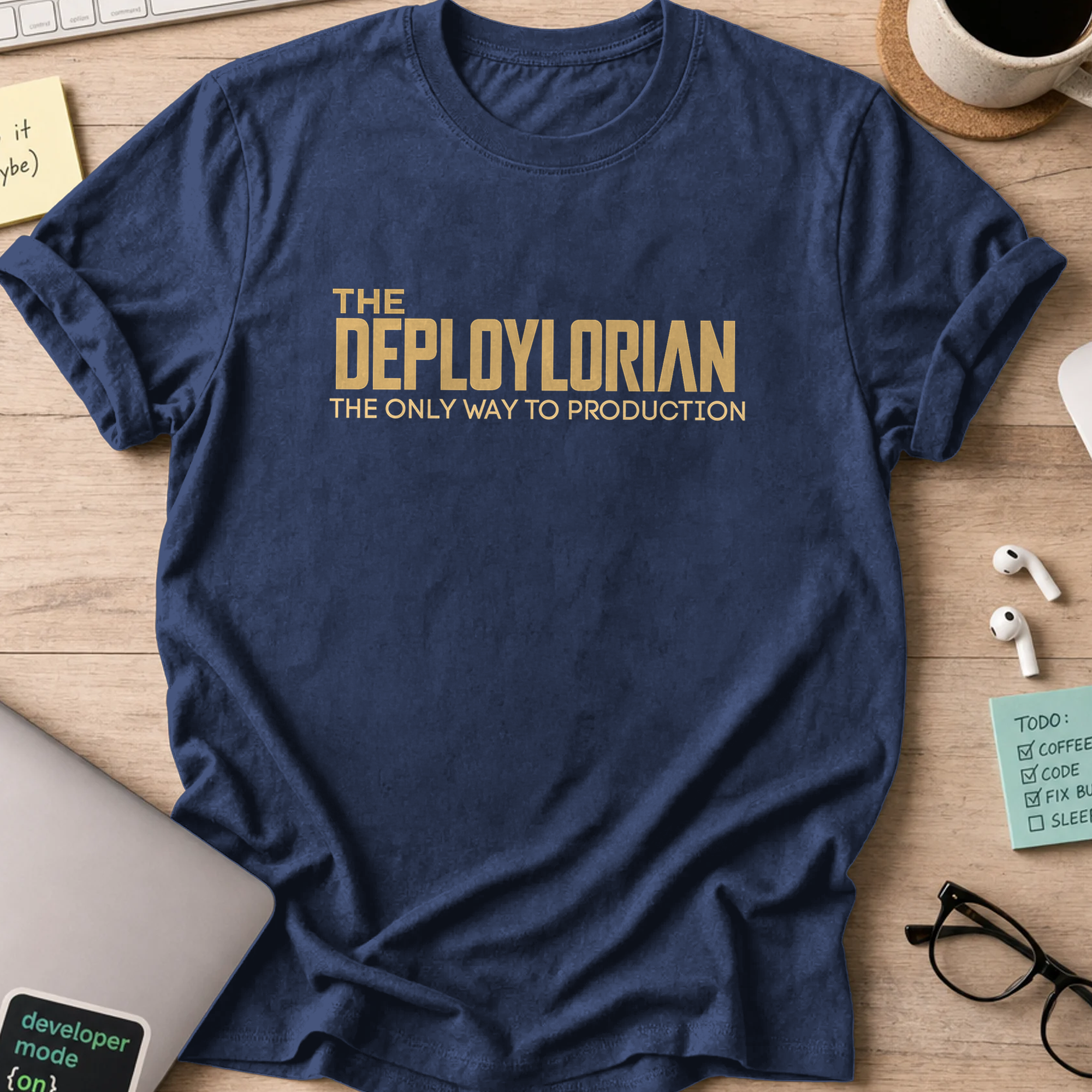 Navy devops shirt printed with "the deploylorian", a funny programmer t-shirt and coding gift for software engineers and DevOps teams.