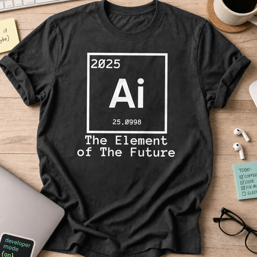 Black coding shirt printed with "the element of the future", a funny developer t-shirt and developer gift for data scientists and ML engineers.