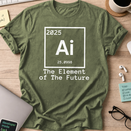 Military Green coding shirt printed with "the element of the future", a funny developer t-shirt and gift for data scientists.
