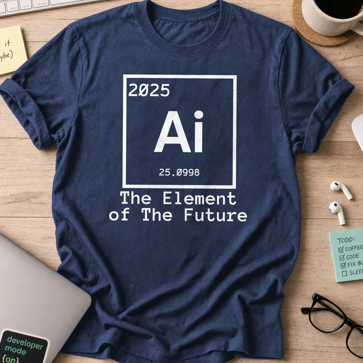 Navy coding shirt printed with "the element of the future", a funny developer t-shirt and developer gift for data scientists and ML engineers.