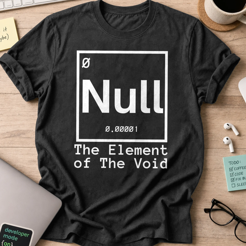 Black programmer shirt printed with "the element of the void", a funny developer t-shirt and coding gift for software engineers and coders.