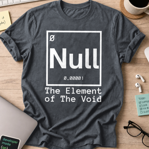 Dark Heather Grey programmer shirt printed with "the element of the void", a funny developer t-shirt and coding gift for software engineers.
