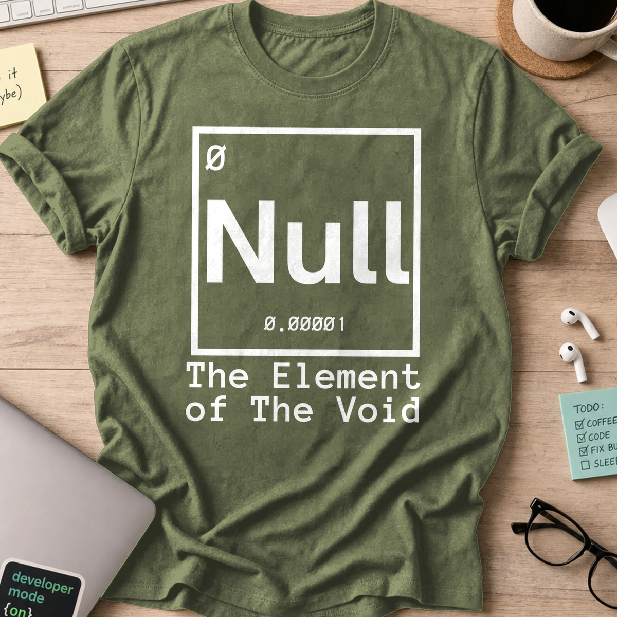 Military Green programmer shirt printed with "the element of the void", a funny developer t-shirt and coding gift for software engineers and coders.