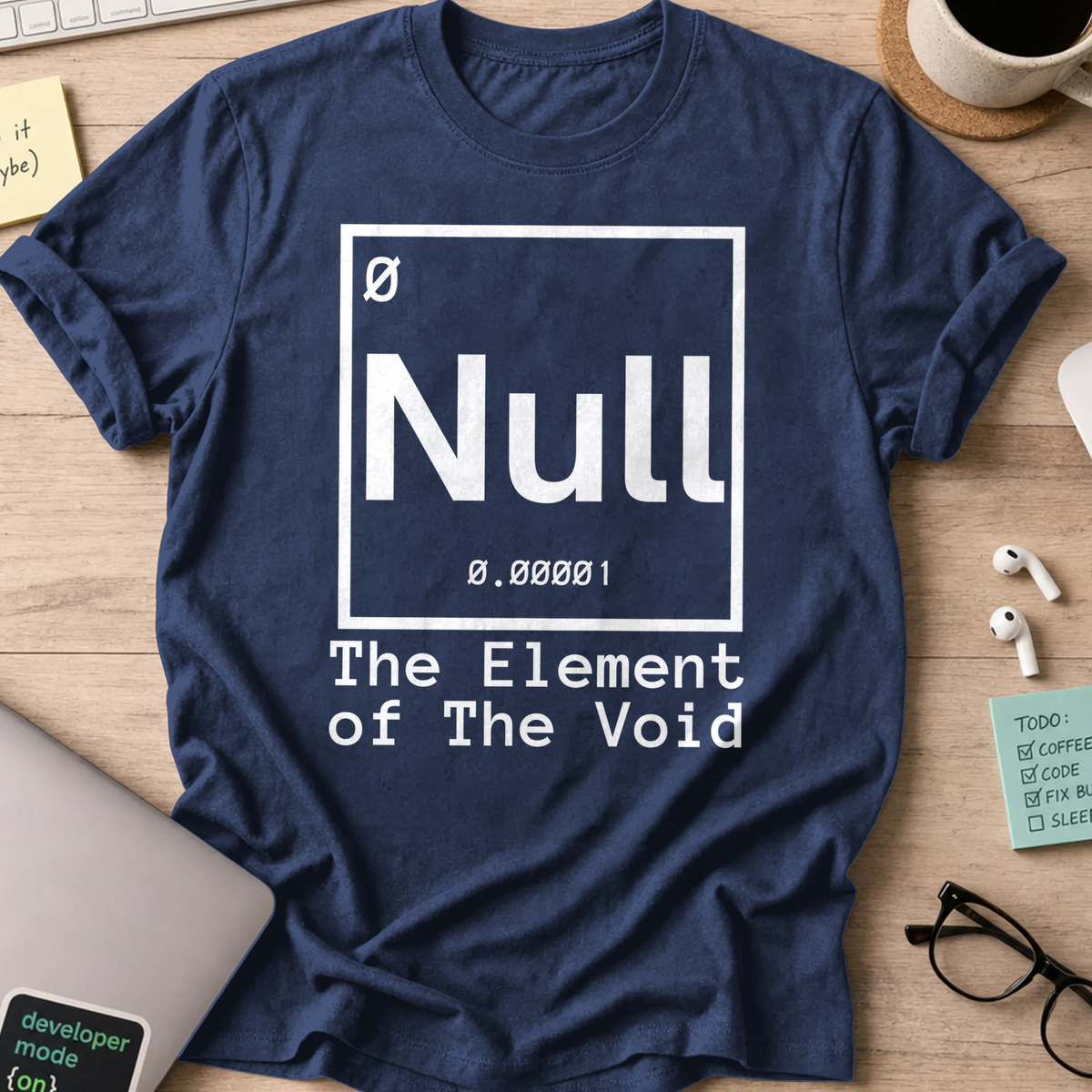 Navy programmer shirt printed with "the element of the void", a funny developer t-shirt and coding gift for software engineers and coders.