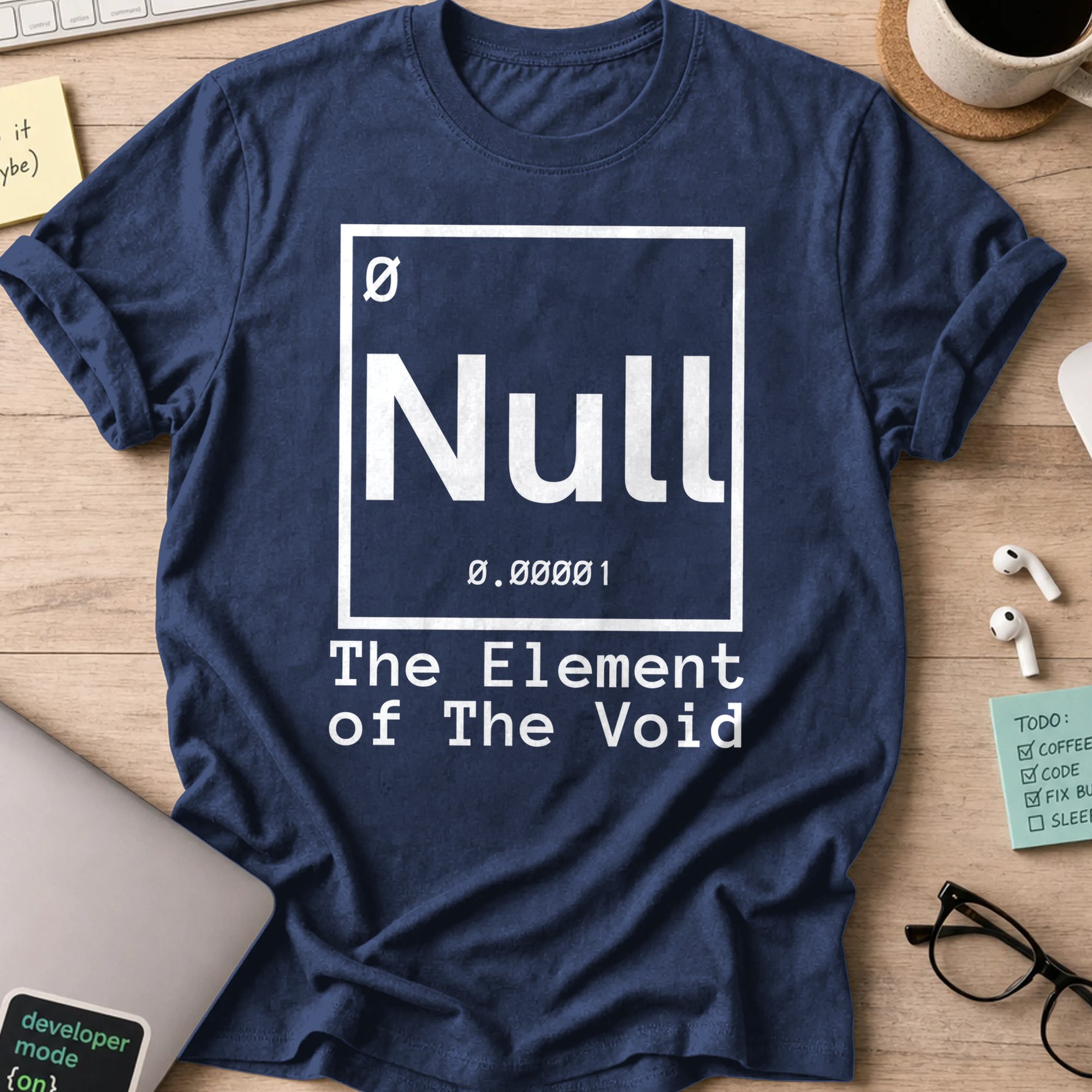 Navy programmer shirt printed with "the element of the void", a funny developer t-shirt and coding gift for software engineers and coders.
