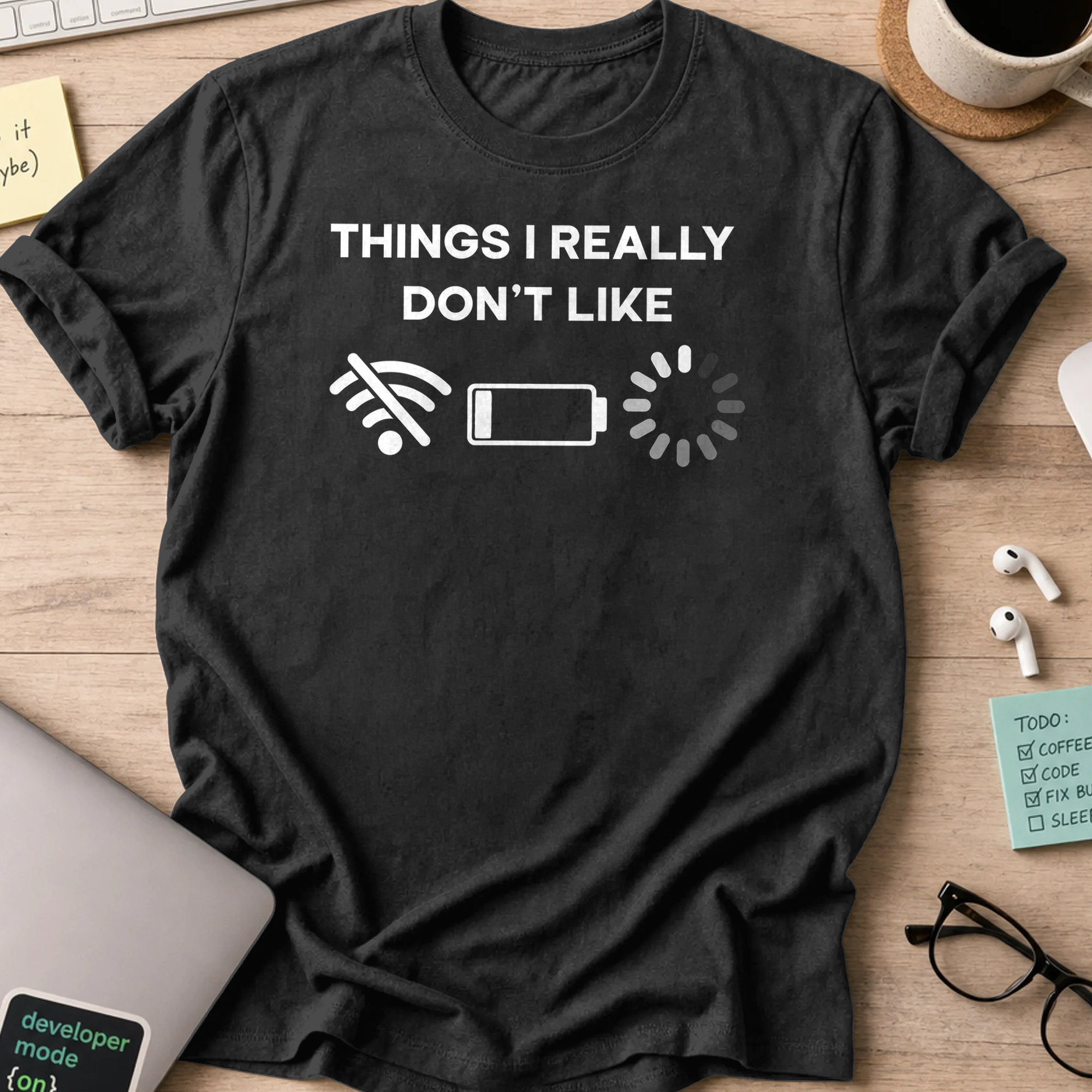 Black programmer shirt printed with "Things I really don't like", a funny developer t-shirt and coding gift for software engineers and coders.