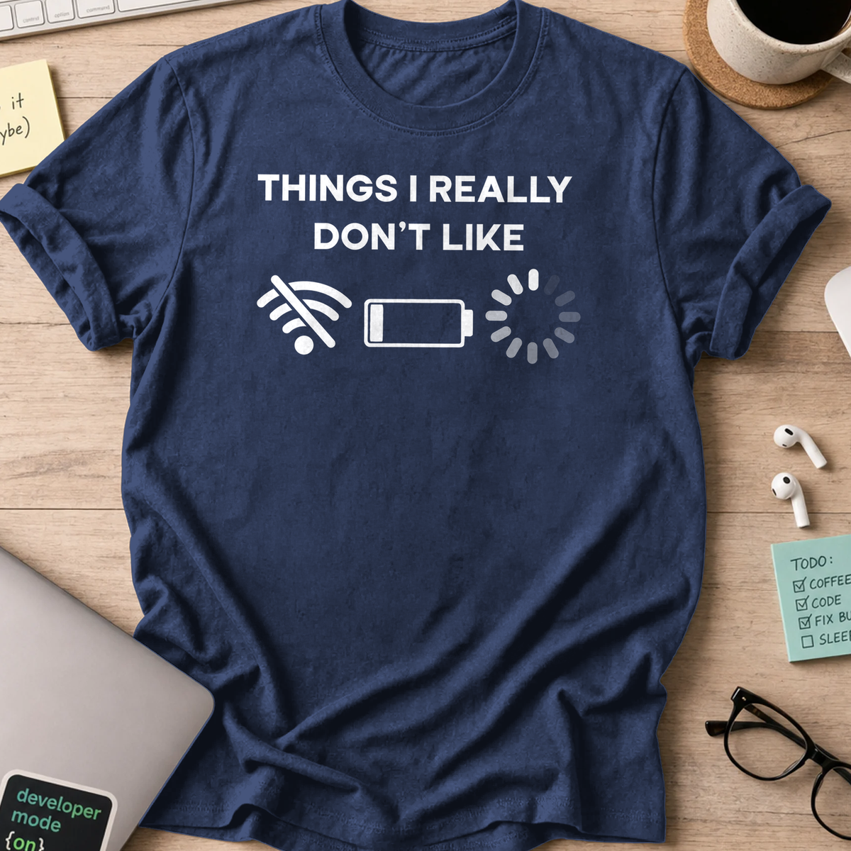 Navy programmer shirt printed with "Things I really don't like", a funny developer t-shirt and coding gift for software engineers and coders.