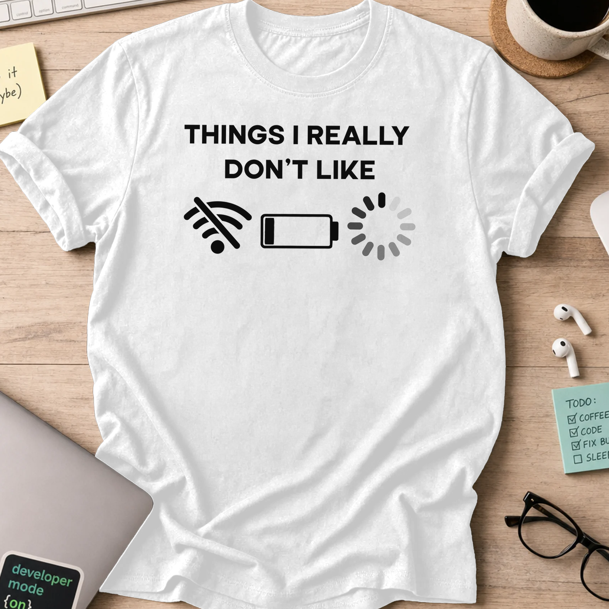 White programmer shirt printed with "Things I really don't like", a funny developer t-shirt and coding gift for software engineers and coders.
