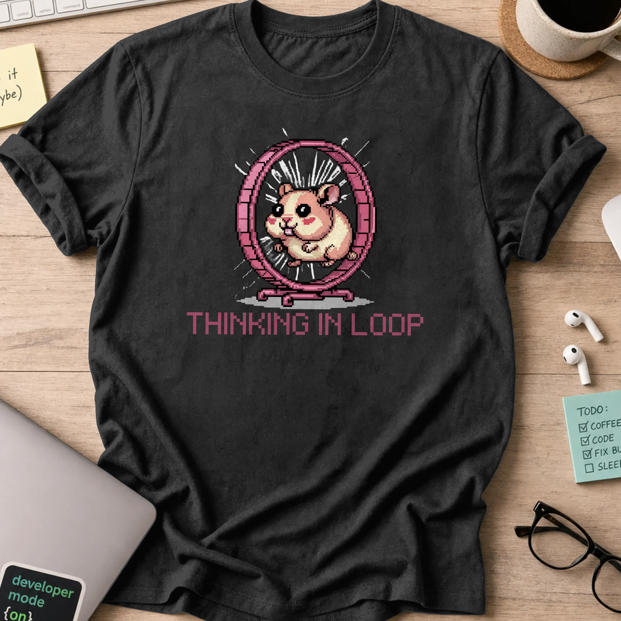 Black programmer shirt printed with "Thinking in LOOP", a funny developer t-shirt and coding gift for software engineers and coders.