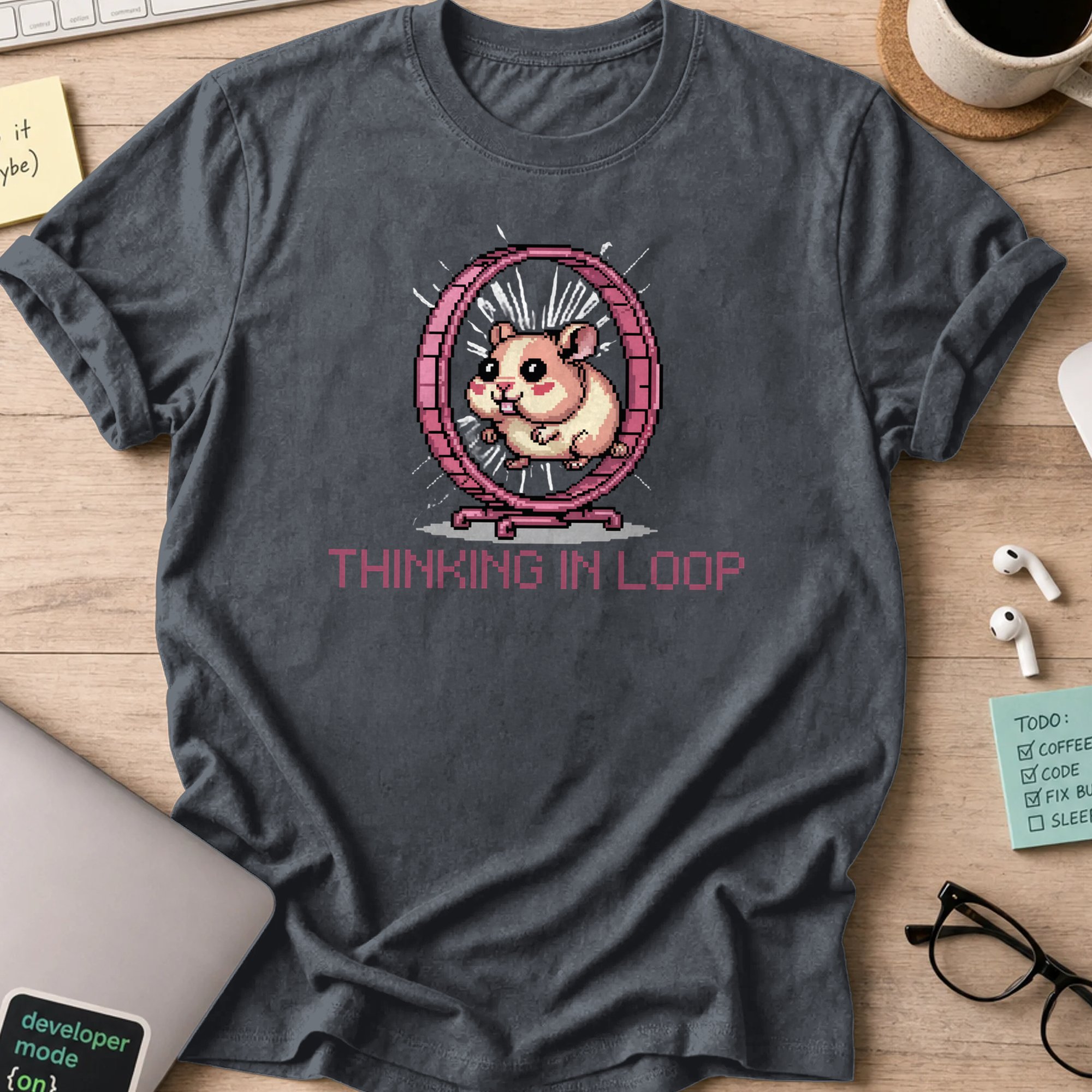 Dark Heather Grey programmer shirt printed with "Thinking in LOOP", a funny developer t-shirt and coding gift for software engineers and coders.