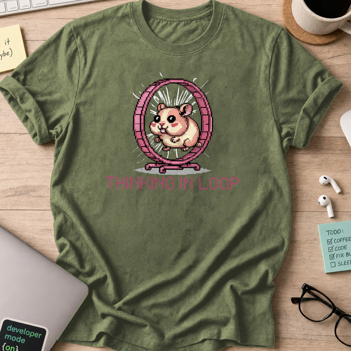 Military Green programmer shirt printed with "Thinking in LOOP", a funny developer t-shirt and coding gift for software engineers and coders.
