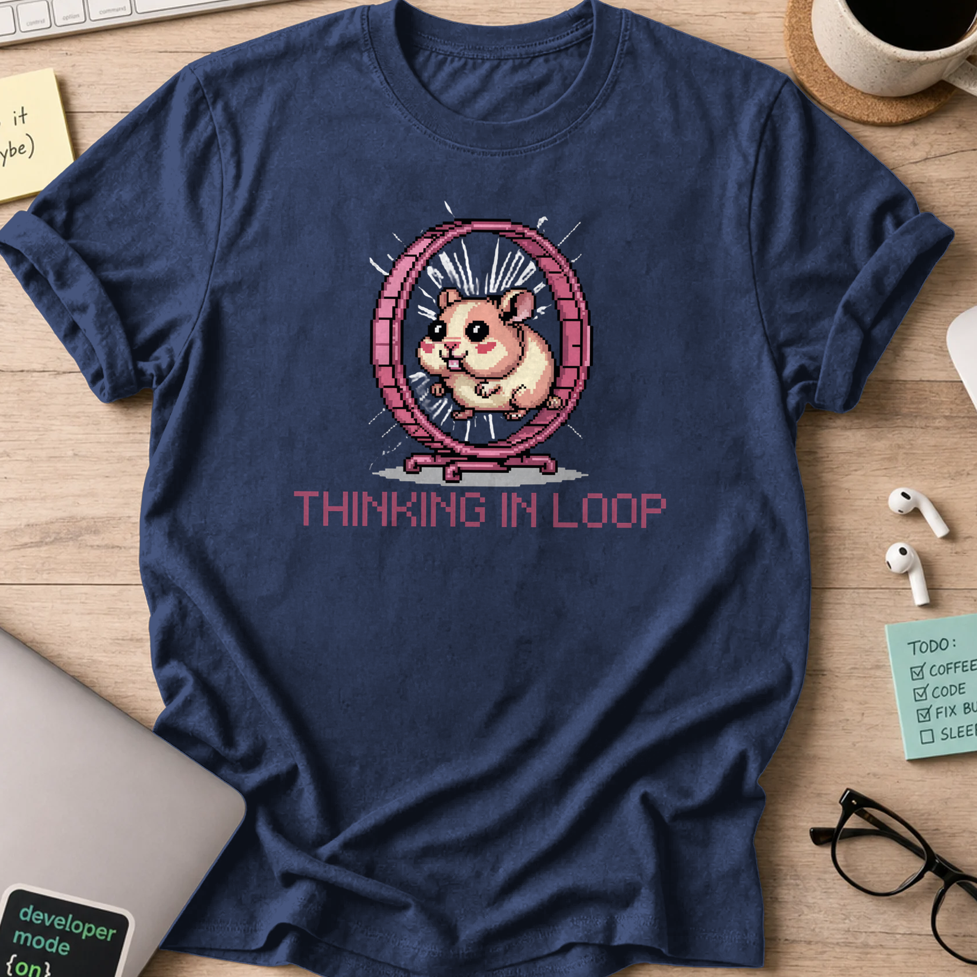 Navy programmer shirt printed with "Thinking in LOOP", a funny developer t-shirt and coding gift for software engineers and coders.
