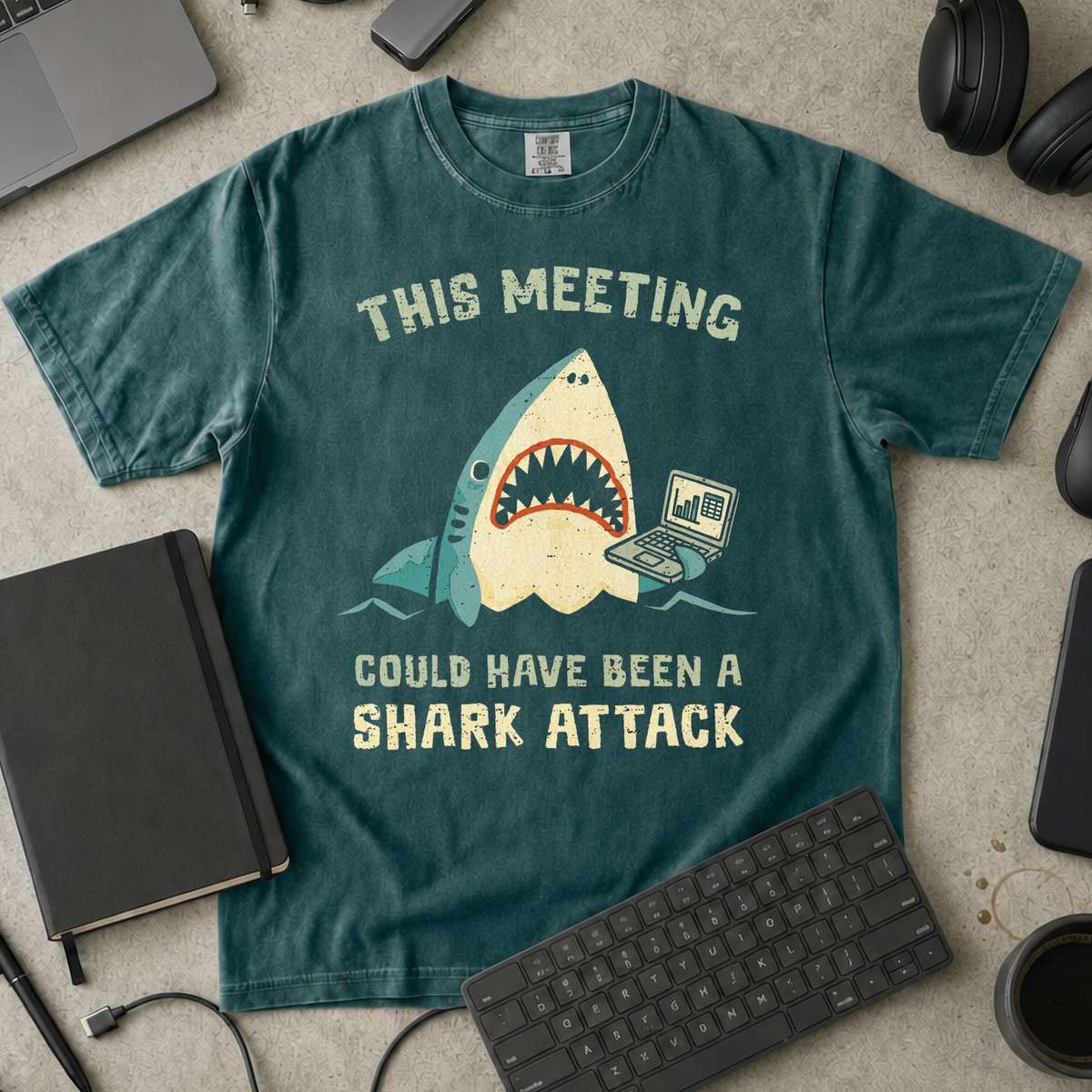 This Meeting Could Have Been A Shark Attack Premium Shirt — blue spruce Premium Shirt mock-up