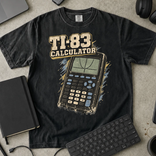 TI-83 Calculator Shirt — Black Comfort Colors 1717 flat lay