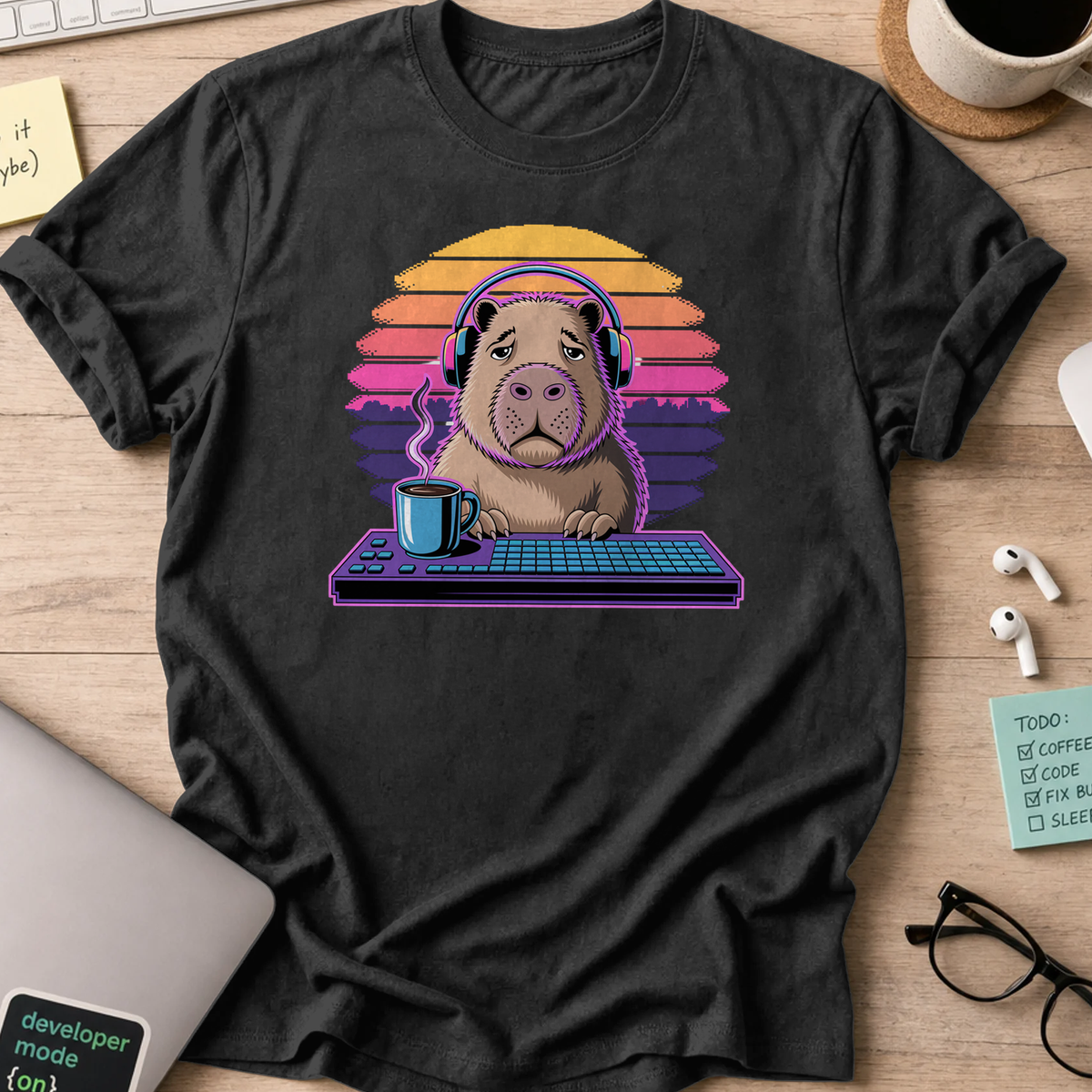 Black programmer shirt printed with "tired Capybara", a funny developer t-shirt and coding gift for software engineers and coders.