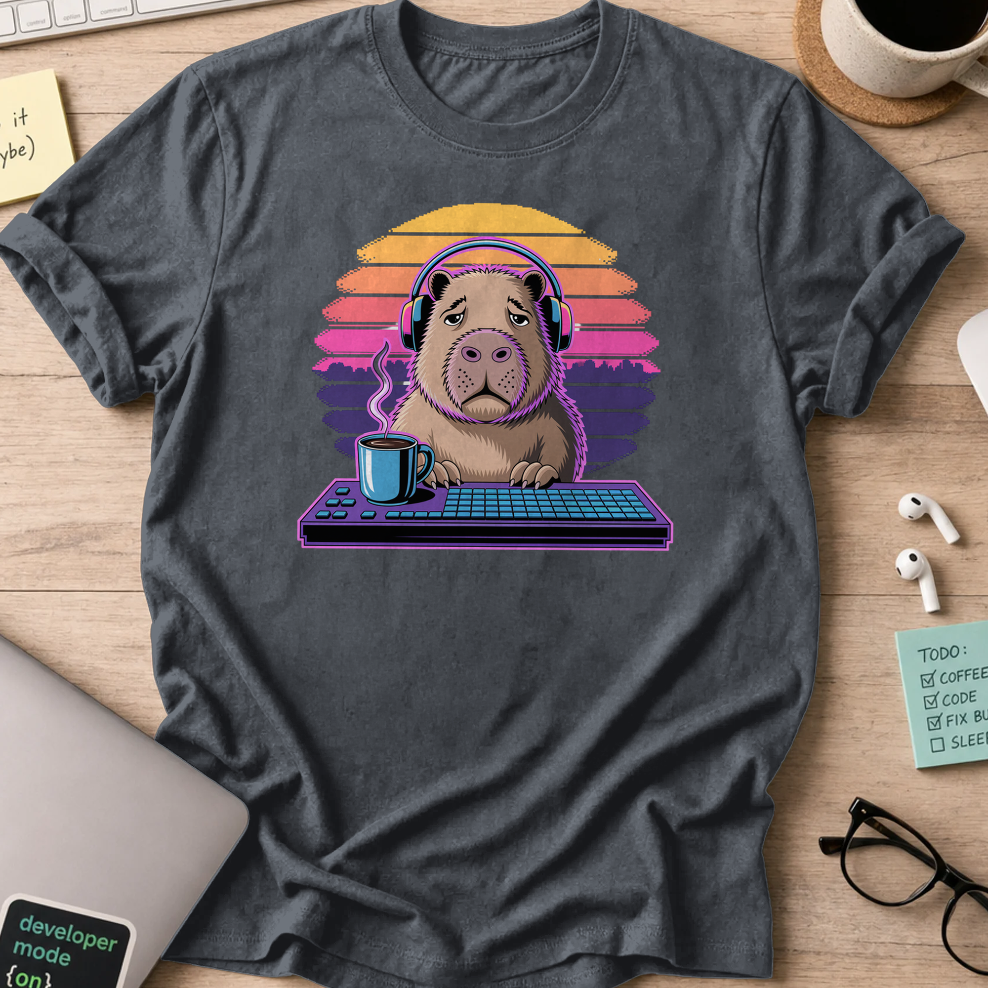 Dark Heather Grey programmer shirt printed with "tired Capybara", a funny developer t-shirt and coding gift for software engineers and coders.