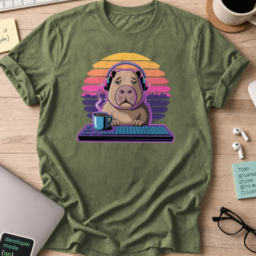 Military Green programmer shirt printed with "tired Capybara", a funny developer t-shirt and coding gift for software engineers and coders.
