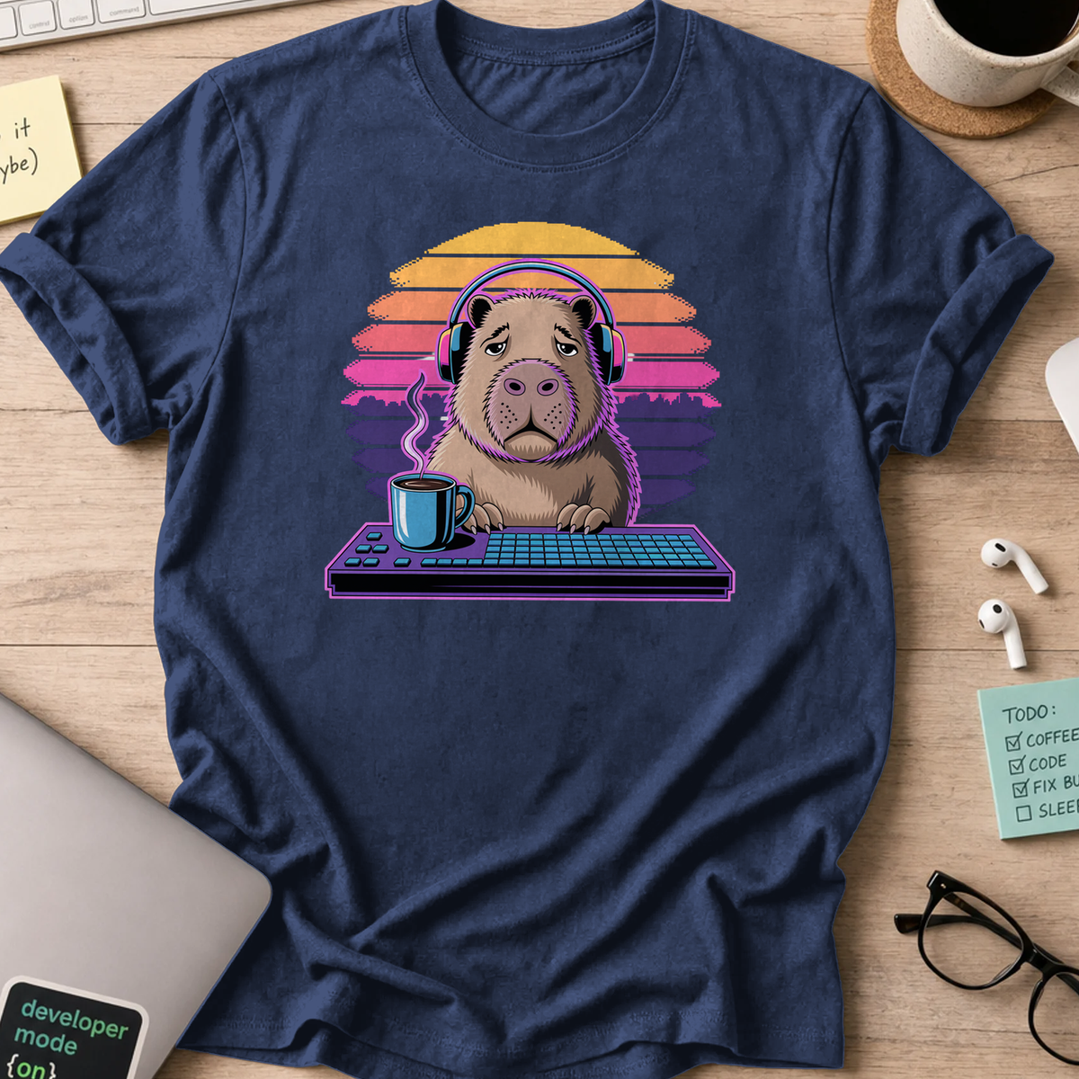 Navy programmer shirt printed with "tired Capybara", a funny developer t-shirt and coding gift for software engineers and coders.
