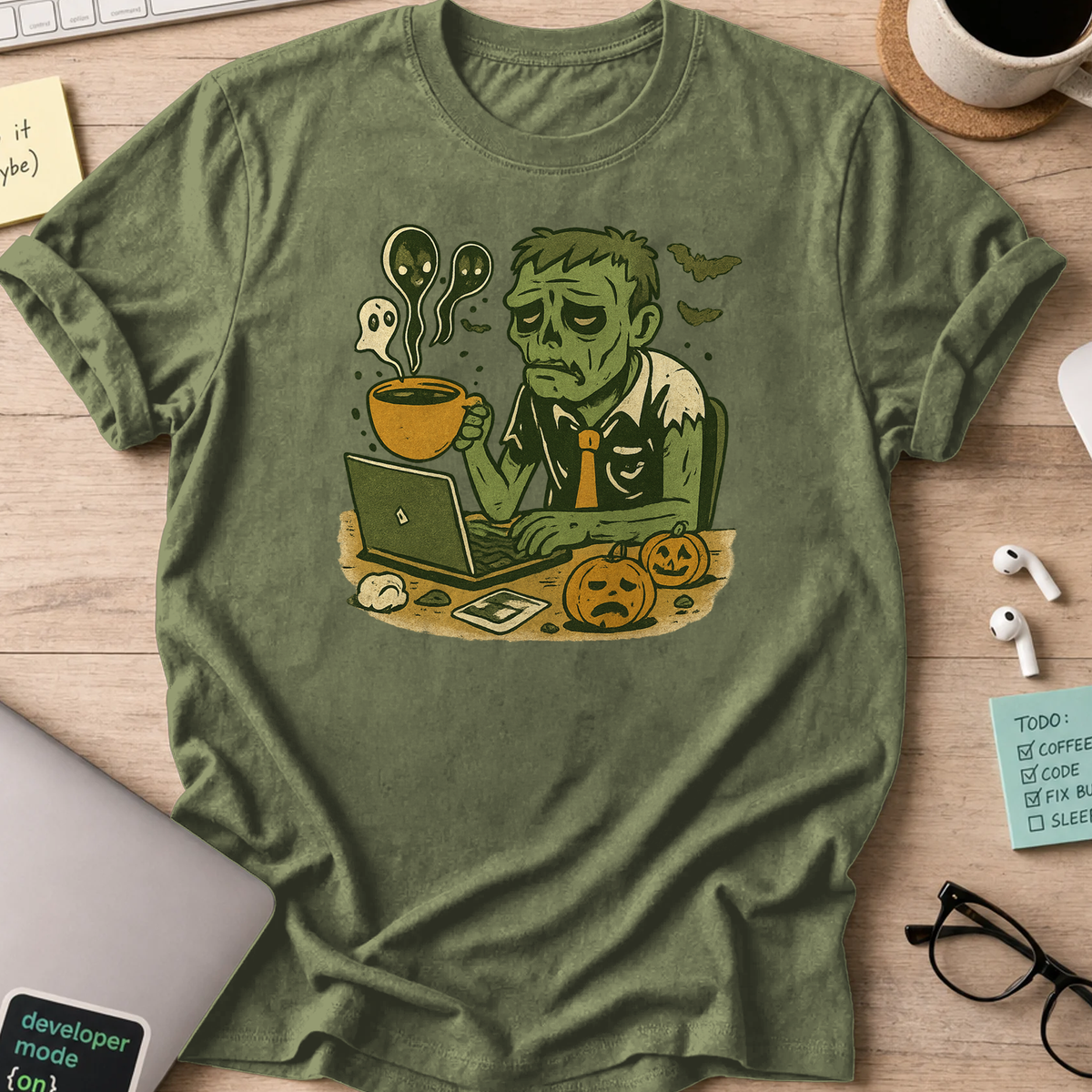 tired zombie developer shirt - Military Green