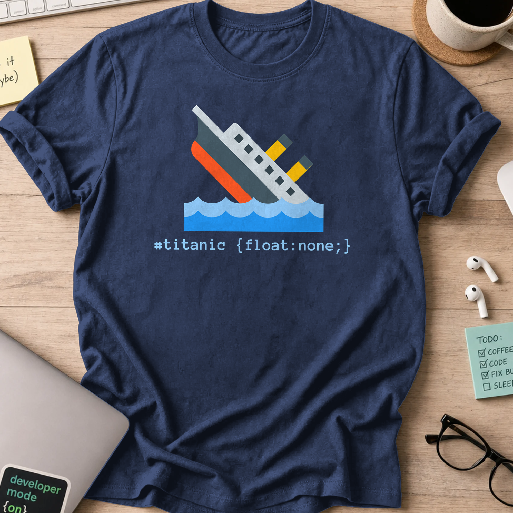 Navy developer shirt printed with "#titanic", a funny coding t-shirt and coding gift for frontend developers.