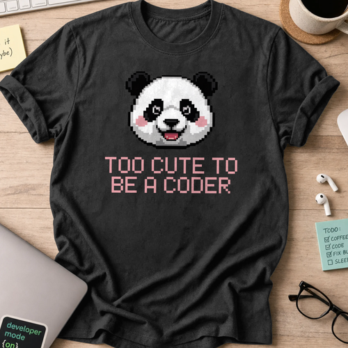 Black programmer shirt printed with "too cute to be a coder", a funny developer t-shirt and coding gift for software engineers and coders.