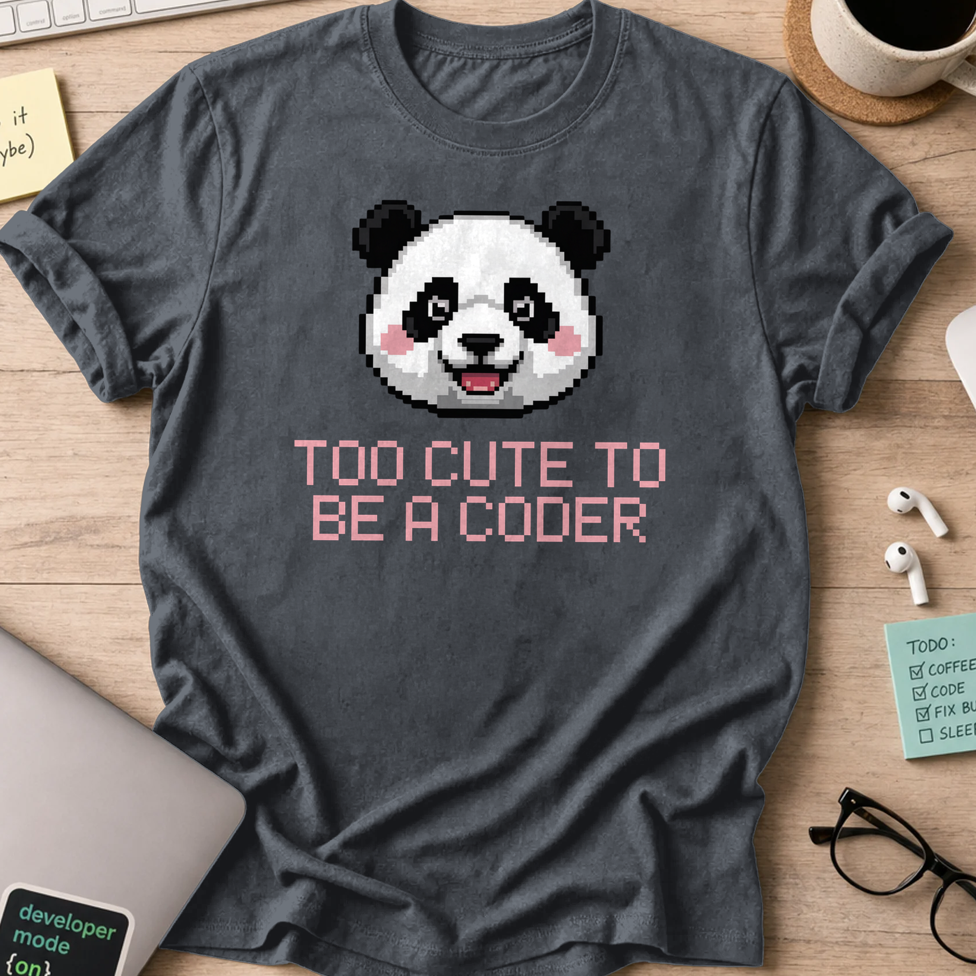 Dark Heather Grey programmer shirt printed with "too cute to be a coder", a funny developer t-shirt and coding gift for software engineers and coders.