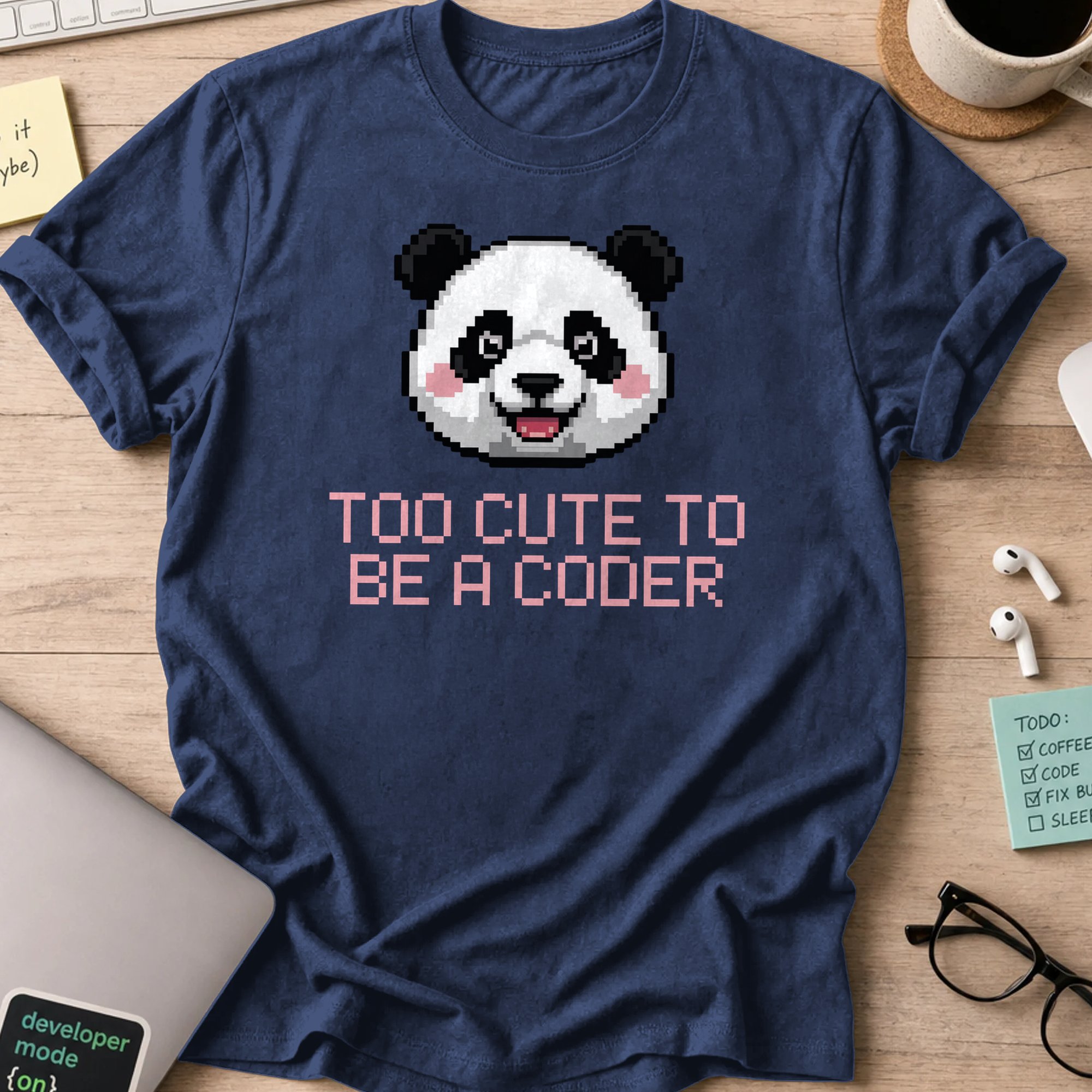 Navy programmer shirt printed with "too cute to be a coder", a funny developer t-shirt and coding gift for software engineers and coders.