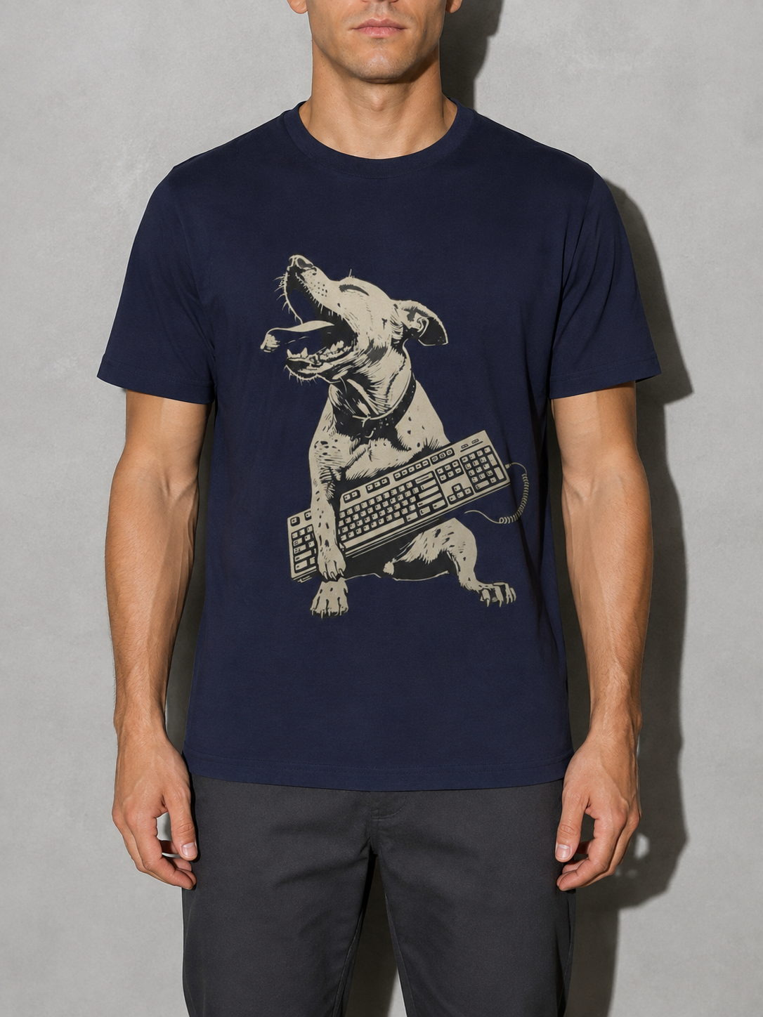 dog holding keyboard – True Navy detail